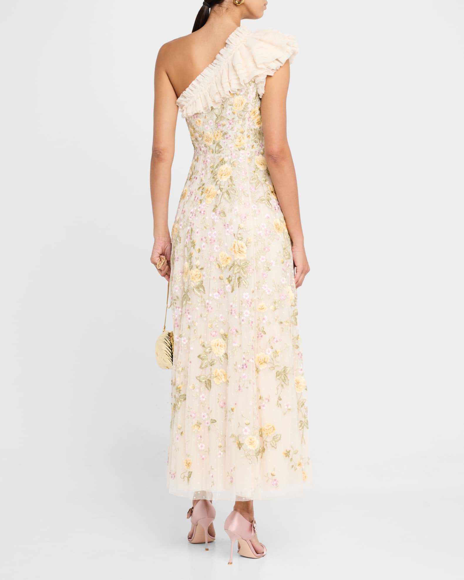 Florine One-Shoulder Embroidered Tulle Gown