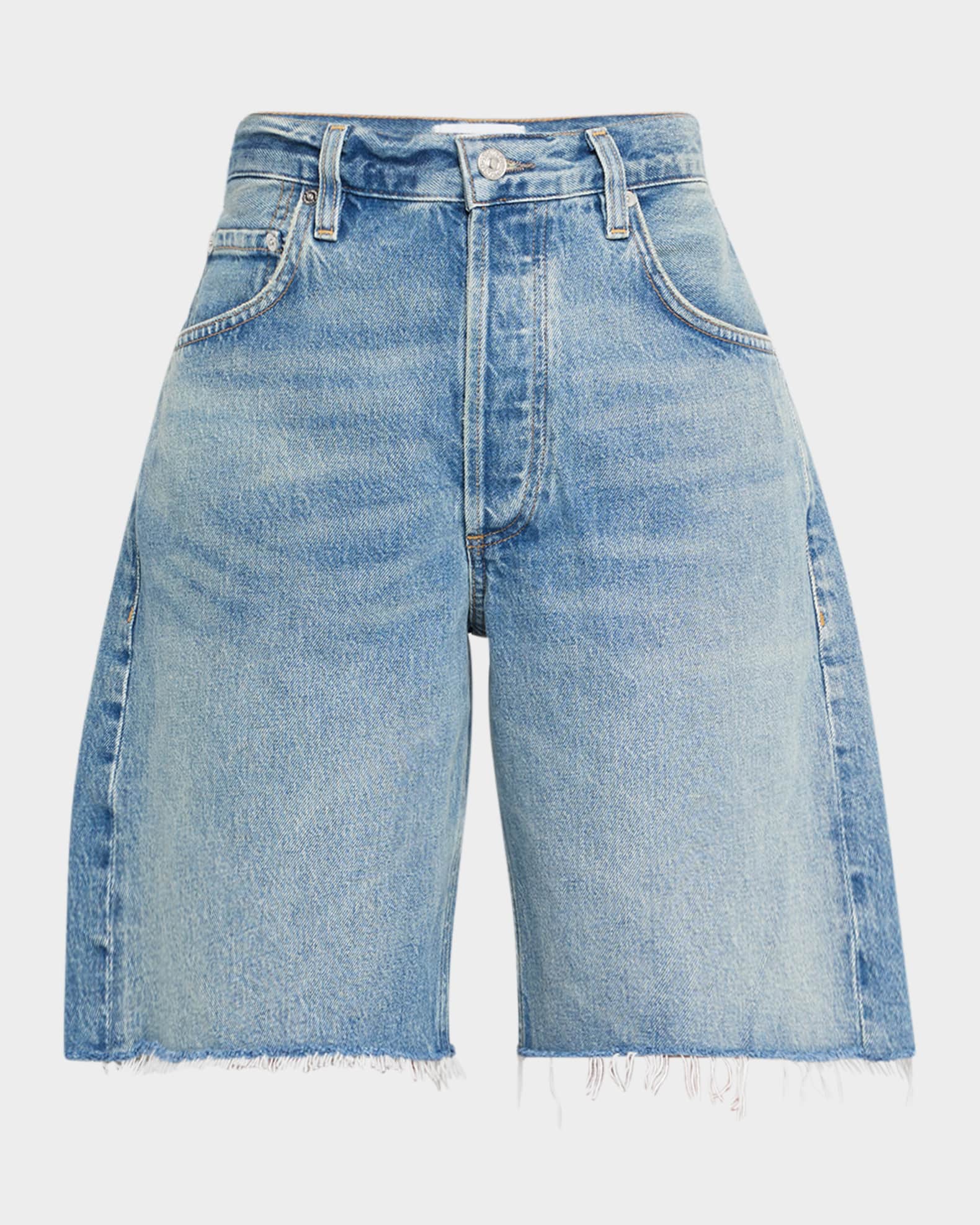 Ayla Frayed Long Denim Shorts 0