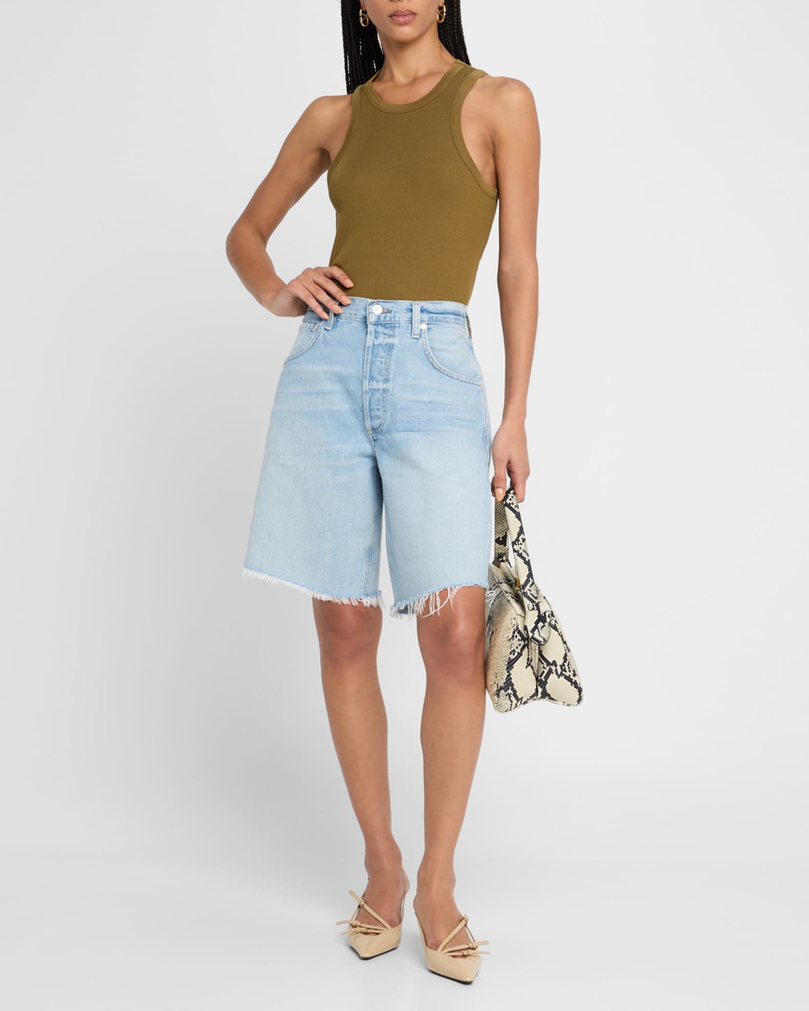 Ayla Frayed Long Denim Shorts 1