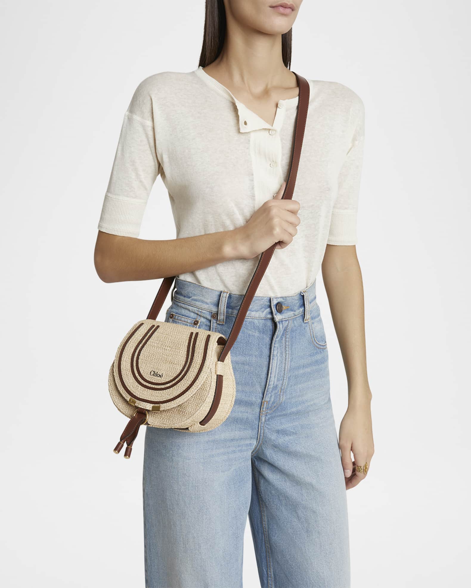 Marcie Flap Saddle Crossbody Bag in Raffia Fabric and Leather  1