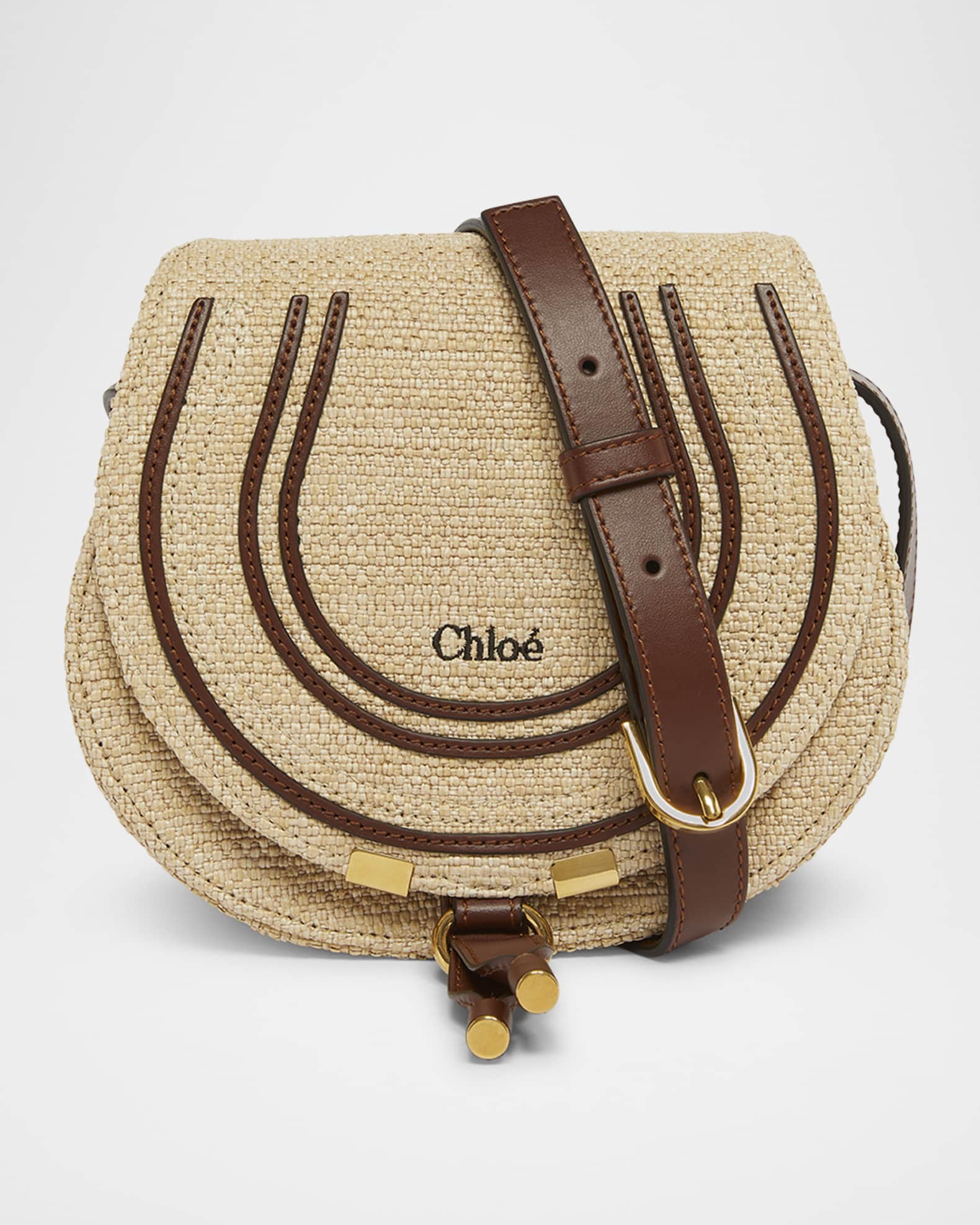 Chloe Marcie Flap Saddle Crossbody Bag in Raffia Fabric and