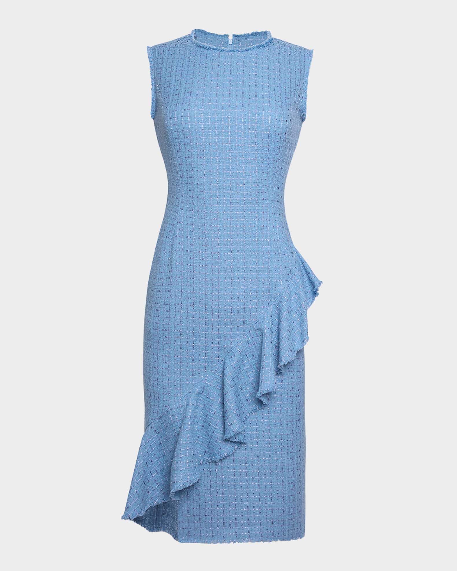 Sleeveless Ruffle Tweed Midi Dress 0