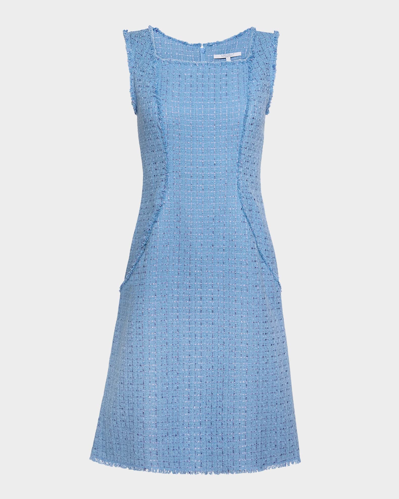 Sleeveless Fringe-Trim Shimmer Tweed Dress 0