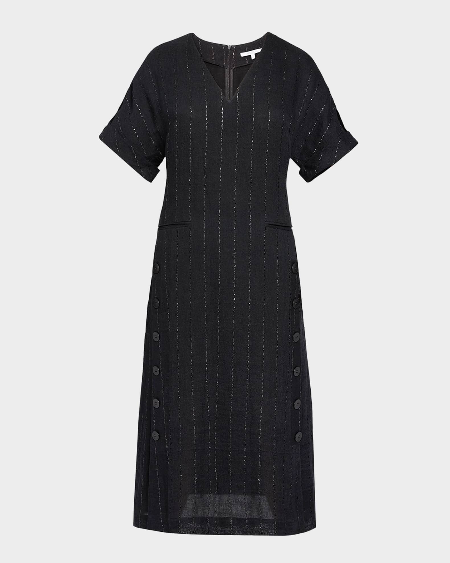 Striped Side-Button Linen-Blend Dress 0