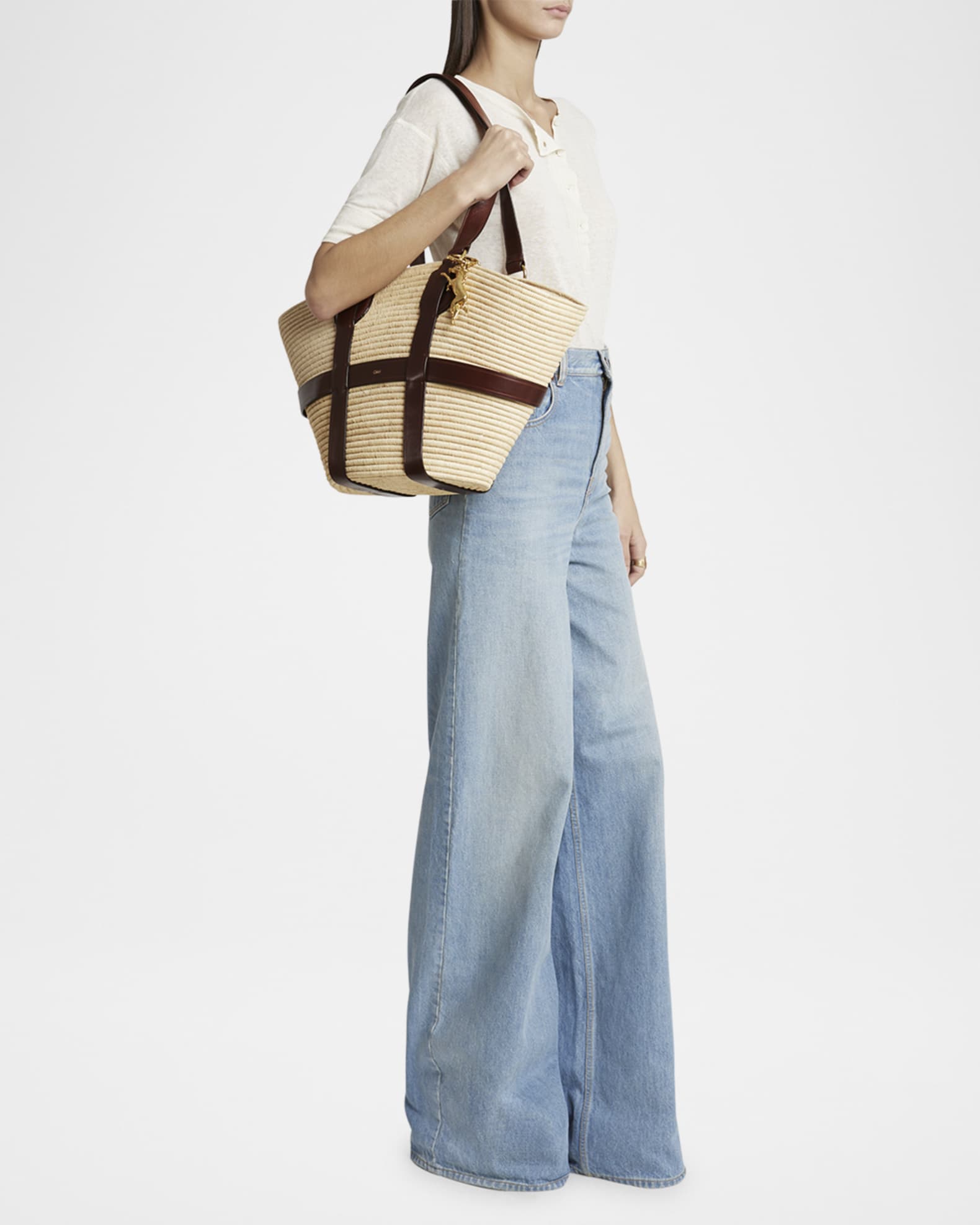Chloe Kerala Large Basket Tote Bag in Fabric and Leather