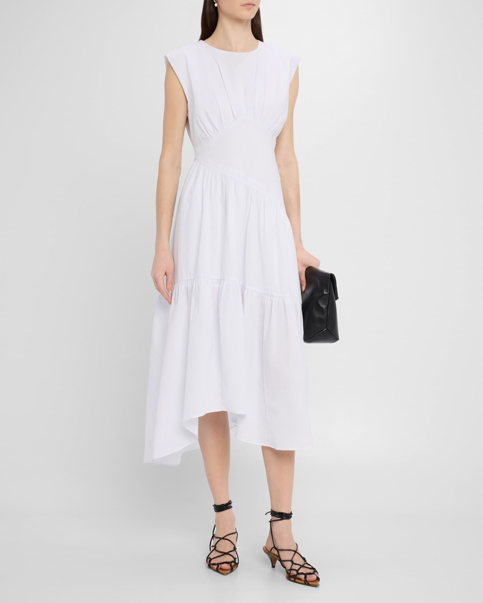 FRAME The Seersucker Gathered Seam Midi Dress | Neiman Marcus