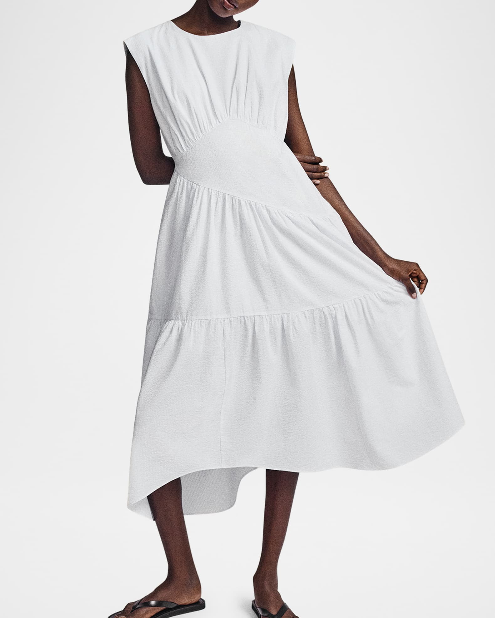 The Seersucker Gathered Seam Midi Dress