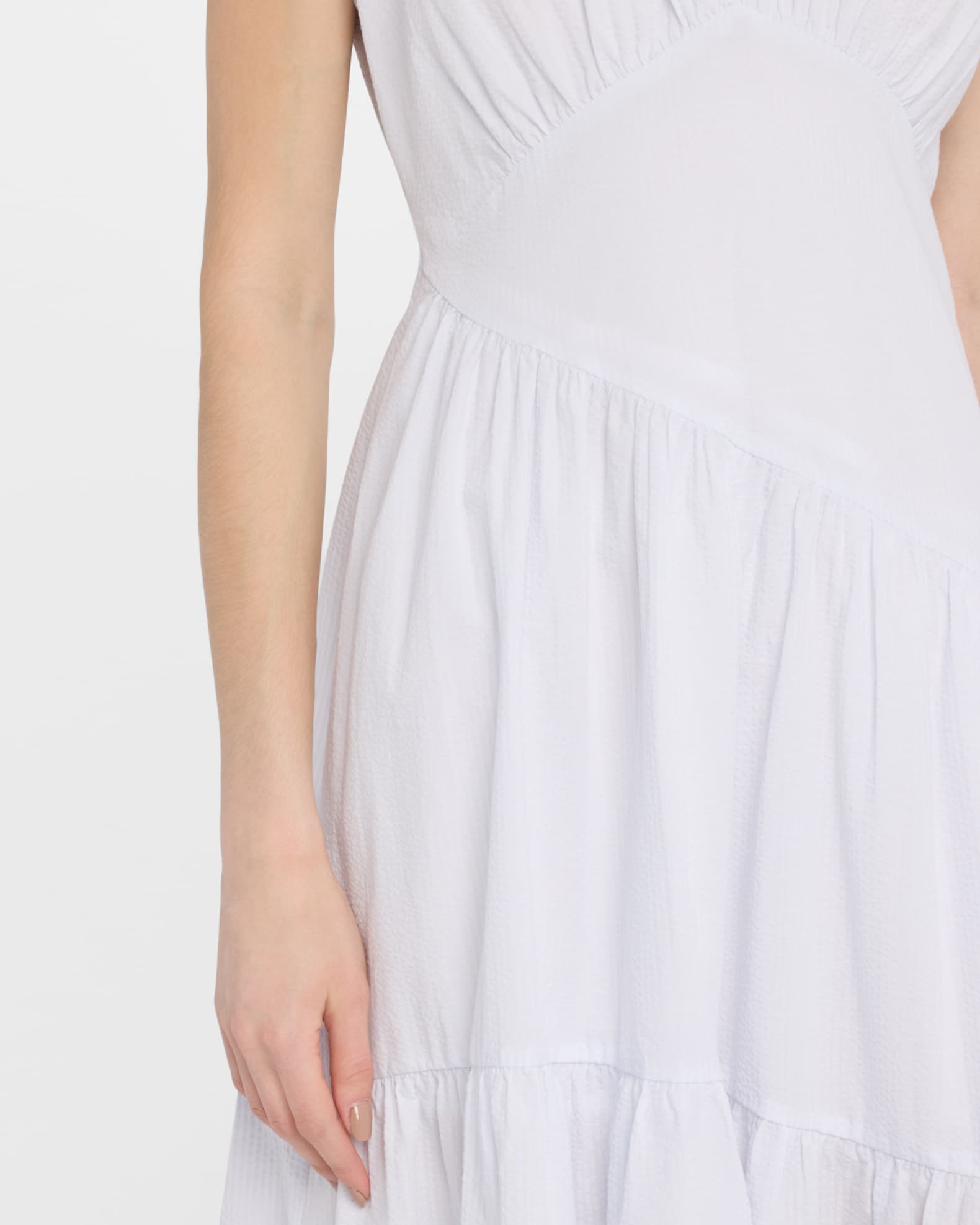 FRAME The Seersucker Gathered Seam Midi Dress | Neiman Marcus