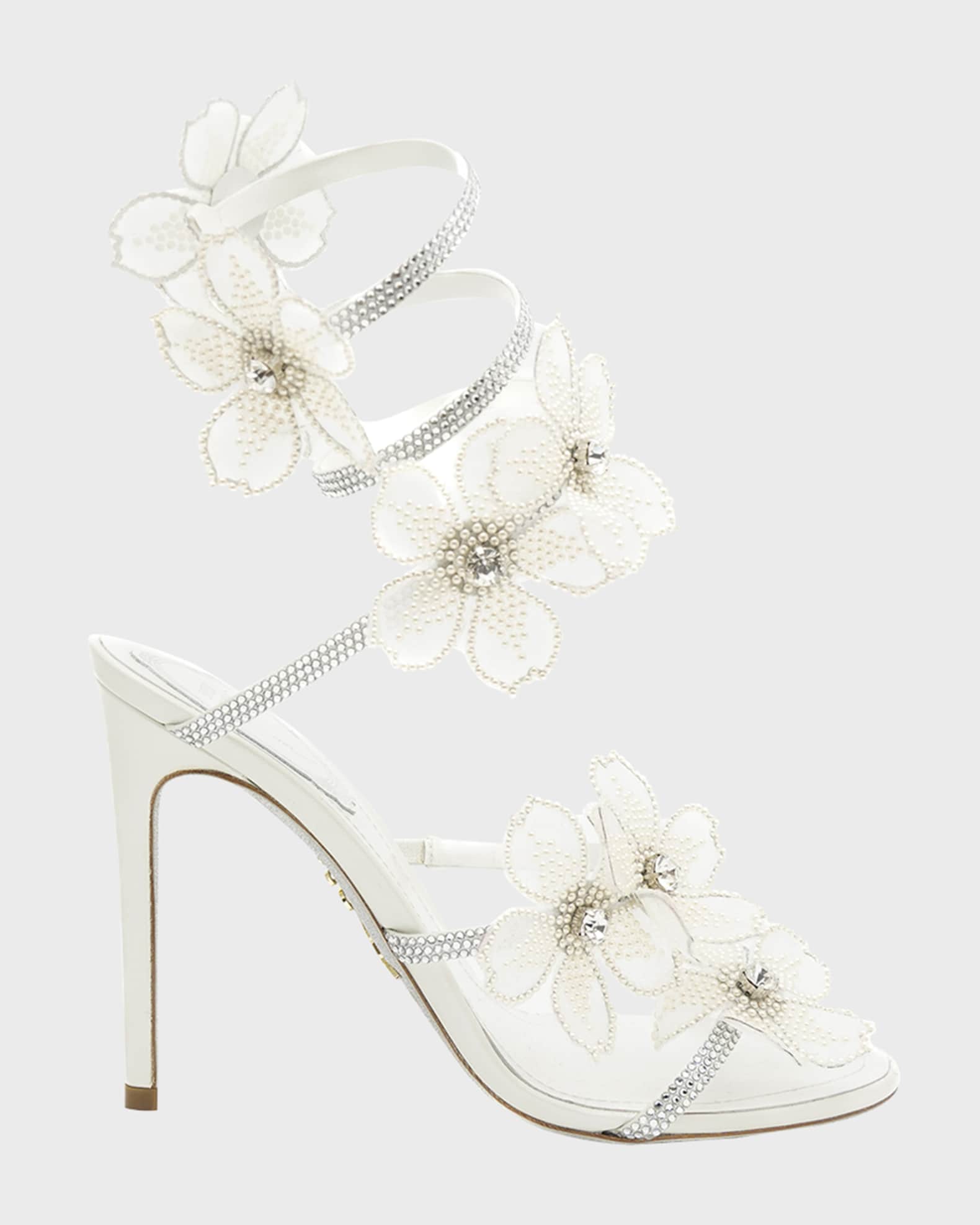 Floraine Crystal Flower Satin Snake Wrap Sandals 0