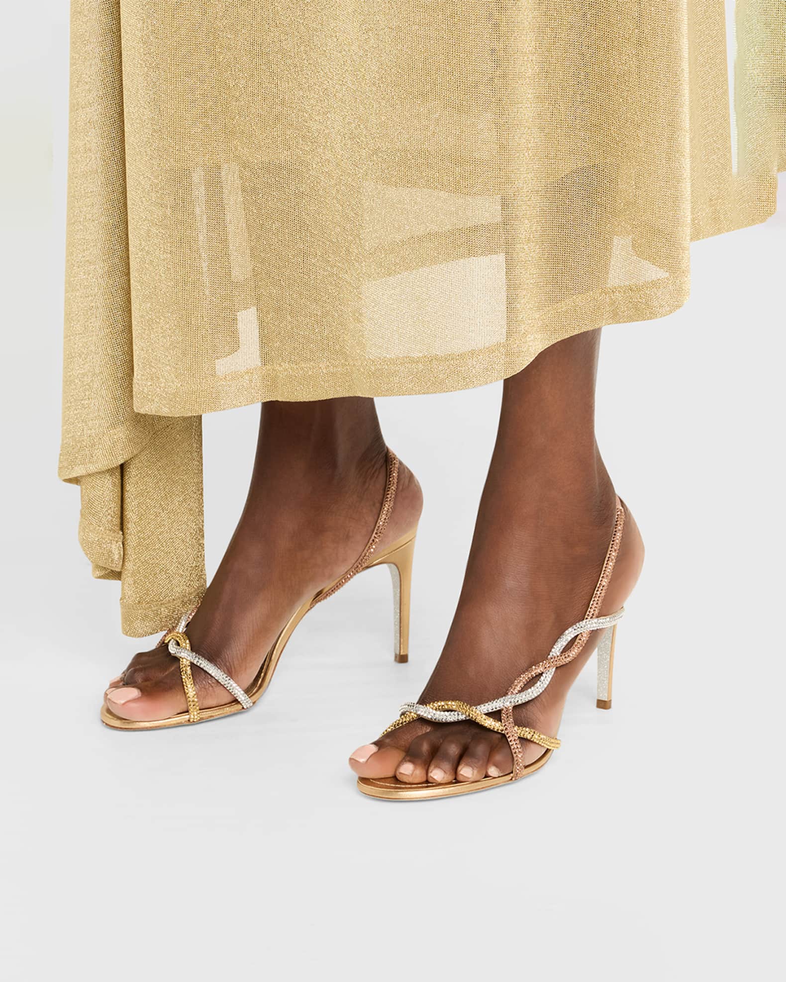 Rene Caovilla Three-Tone Crystal Satin Braid Halter Sandals