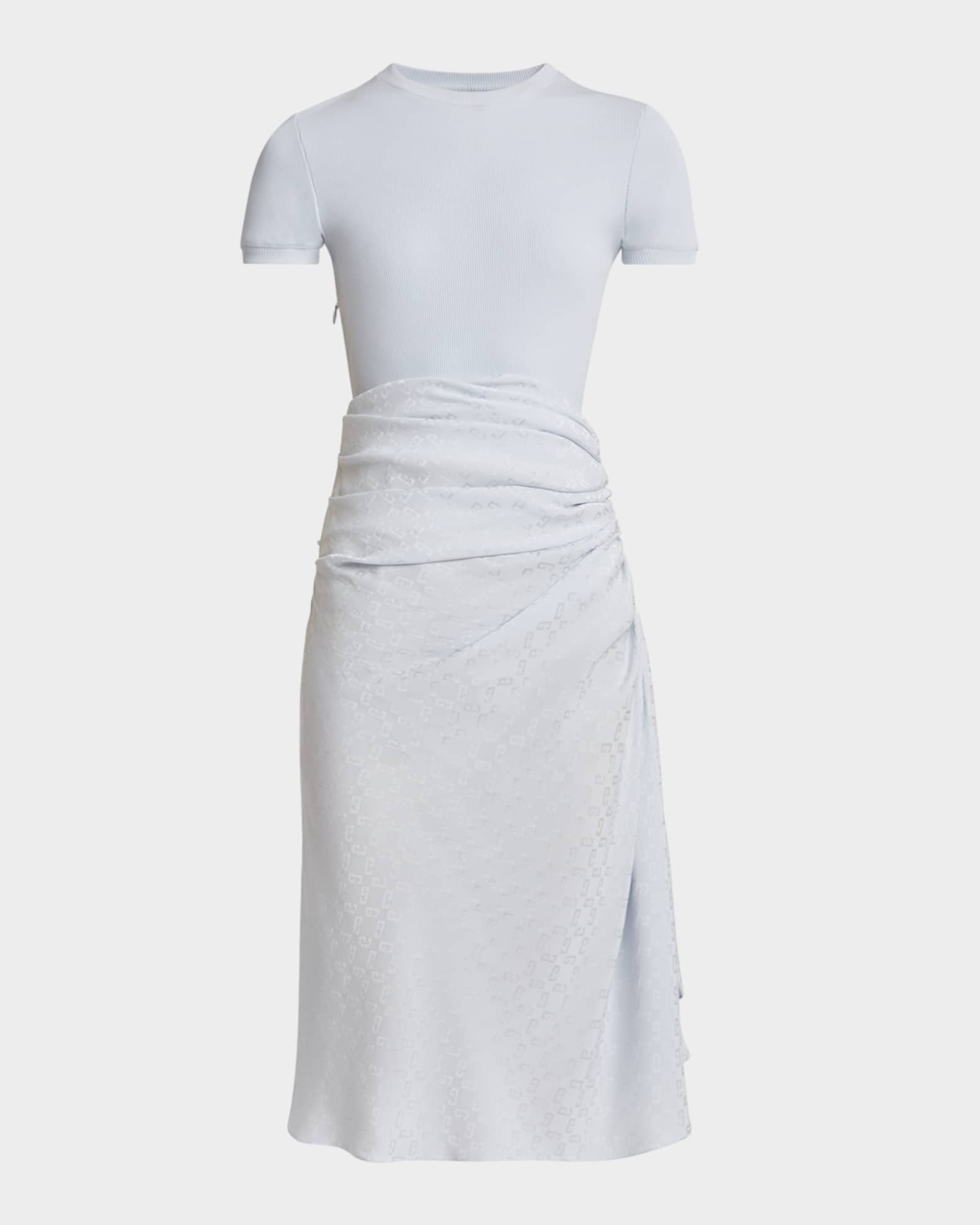 Ruched Monogram Draped Silk Midi Dress 0