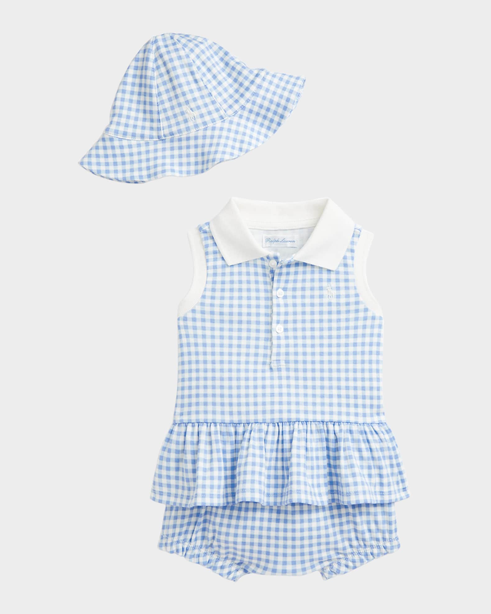 Girl's 3-Piece Gingham Polo Shirt and Shorts Set, Size 3M-24M 0