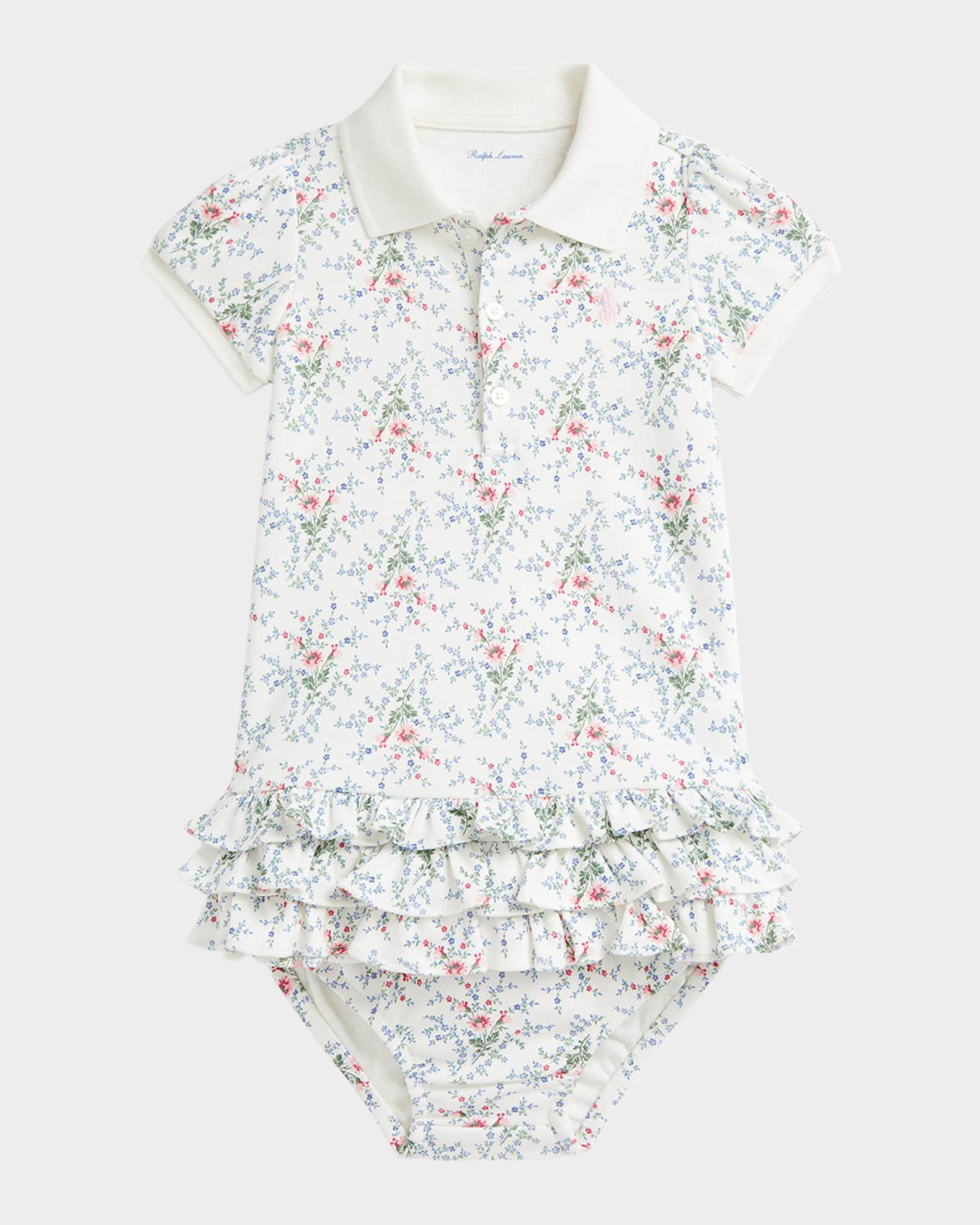 Girl's Floral-Print Ruffle-Trim Polo Dress, Size 3M-24M 0