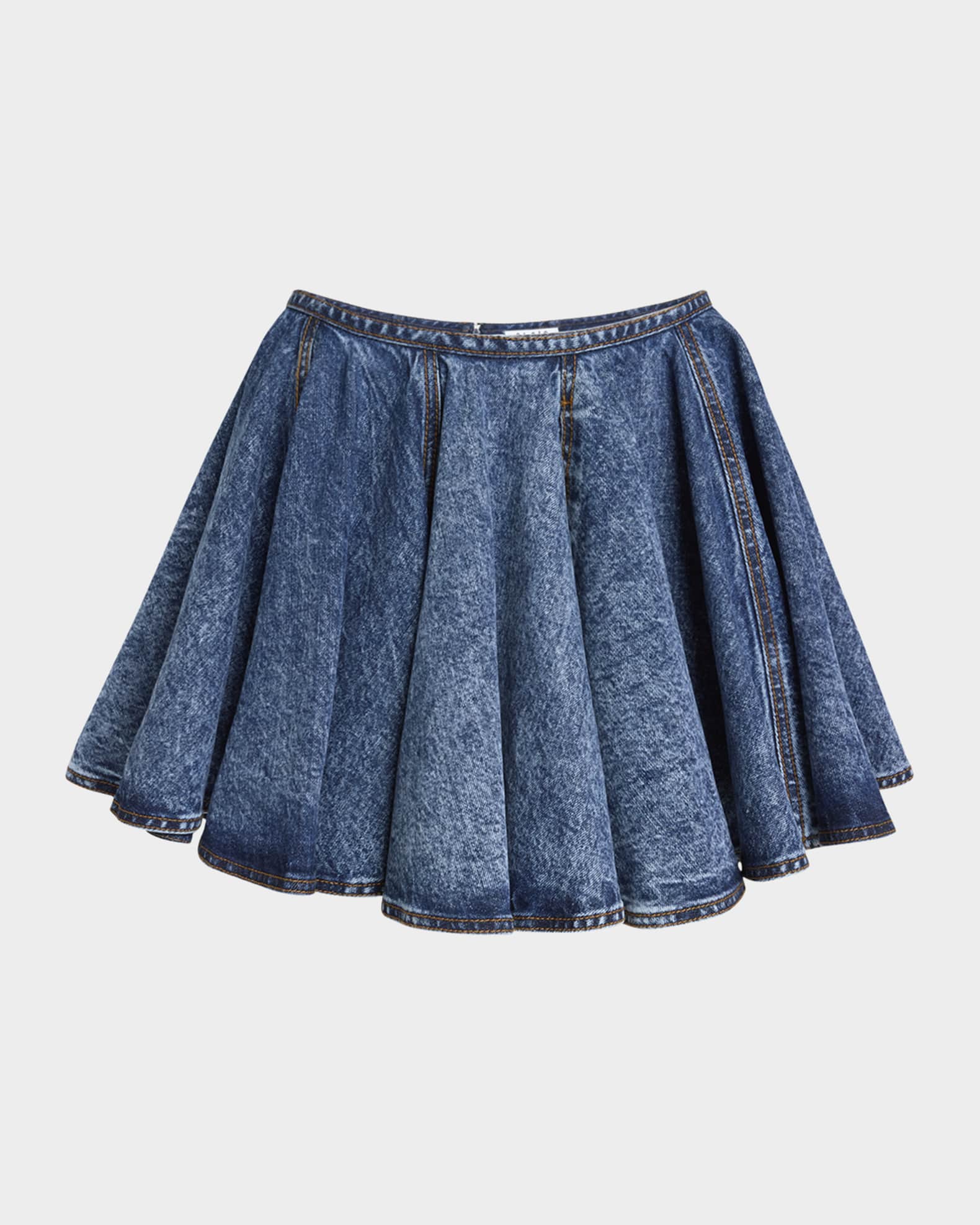 ALAIA Flared Denim Pleated Mini Skirt | Neiman Marcus