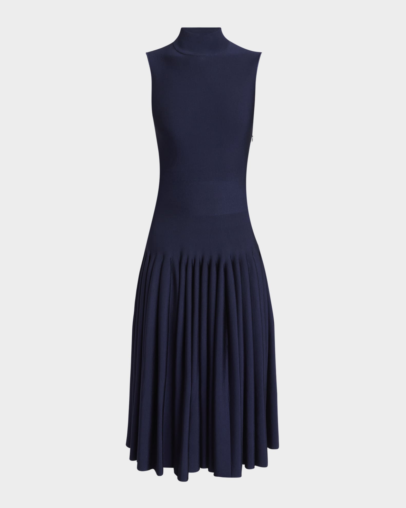 High-Neck Pleated Knit Midi Dress 0