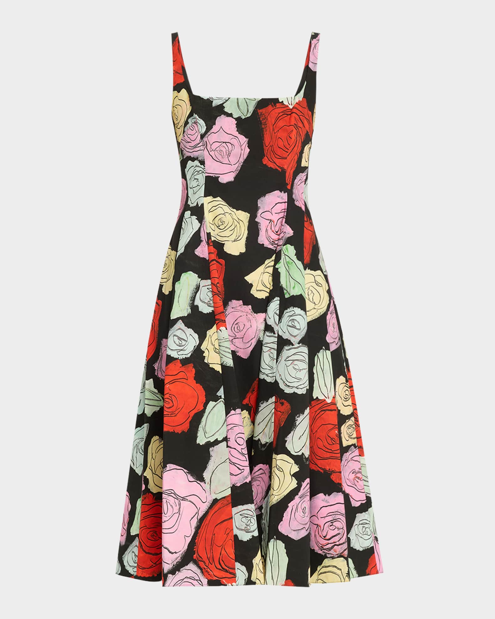 Sleeveless Rose-Print Cotton Poplin Midi Dress 0