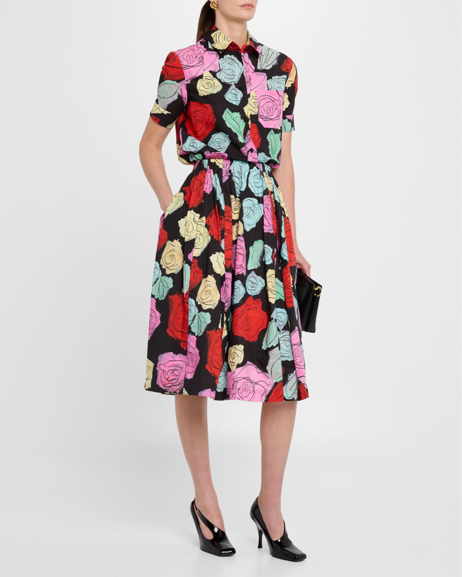 Rose Scribble-Print Paneled Pull-On Midi Skirt 1