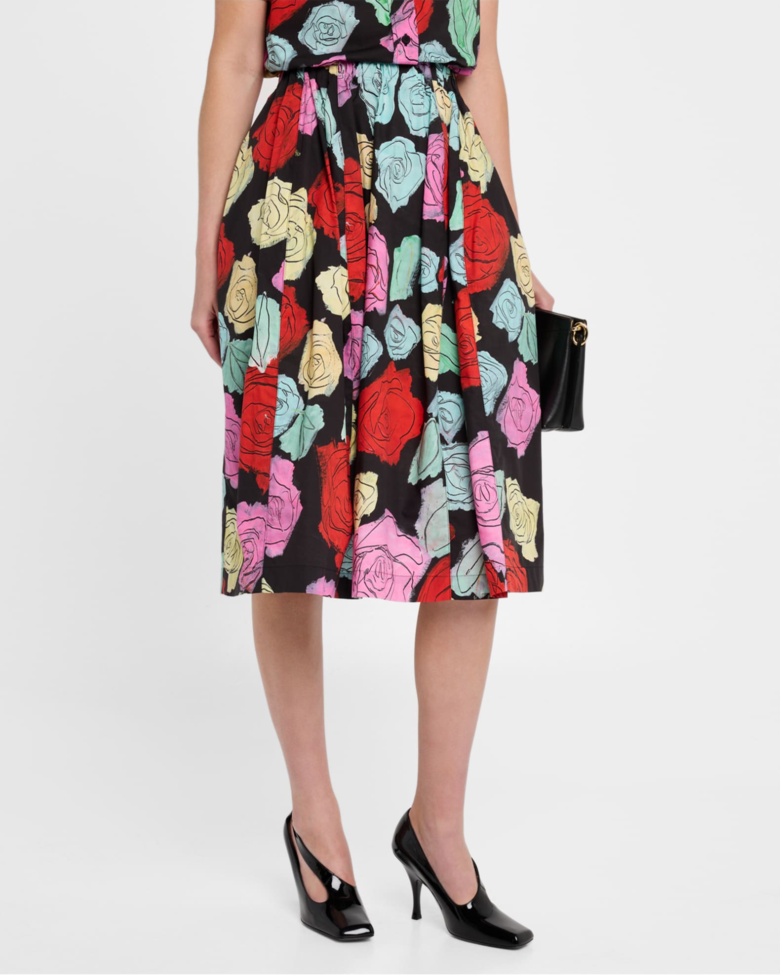 Marni Rose Scribble-Print Paneled Pull-On Midi Skirt