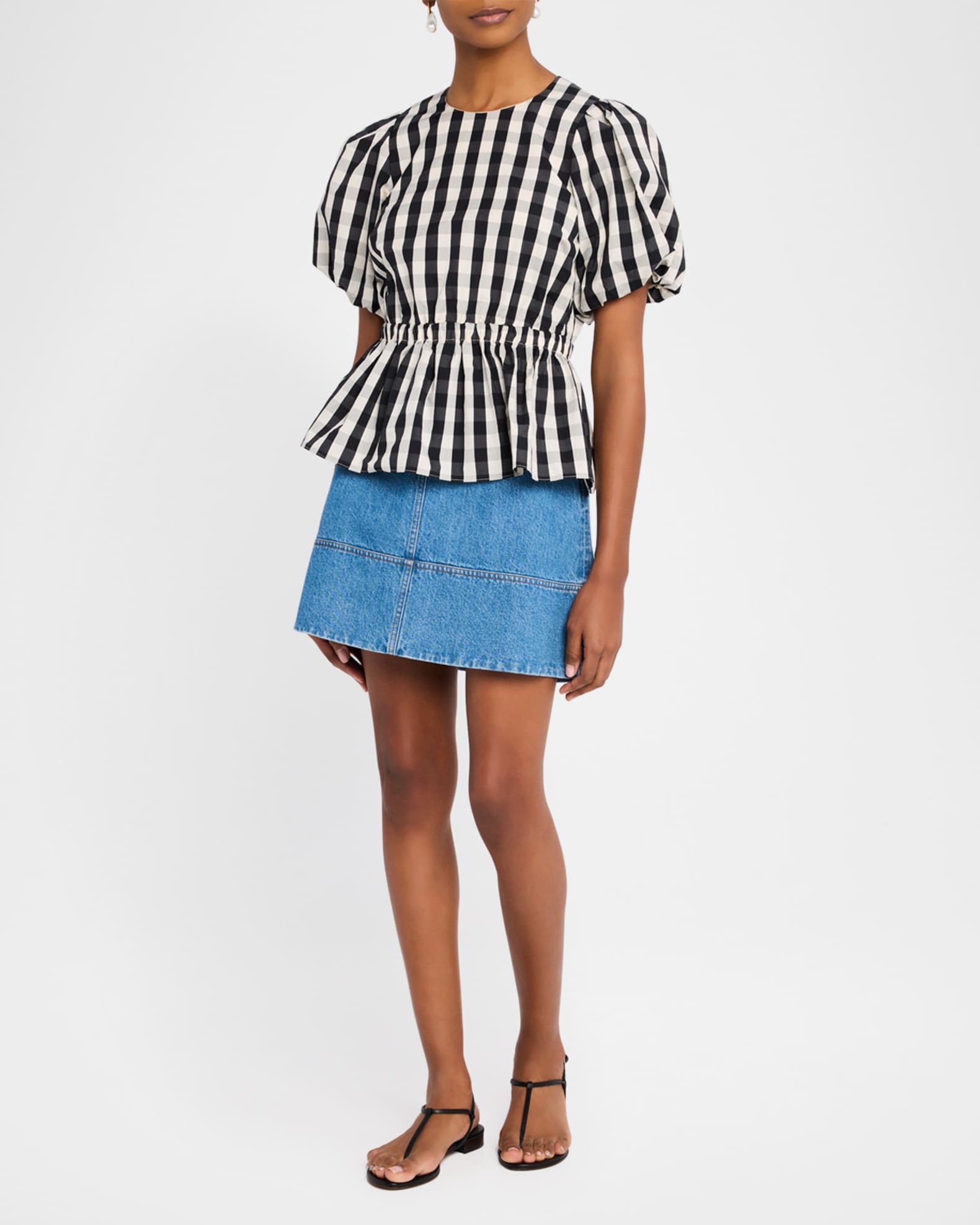 Chelsey Check Puff-Sleeve Peplum Top 1