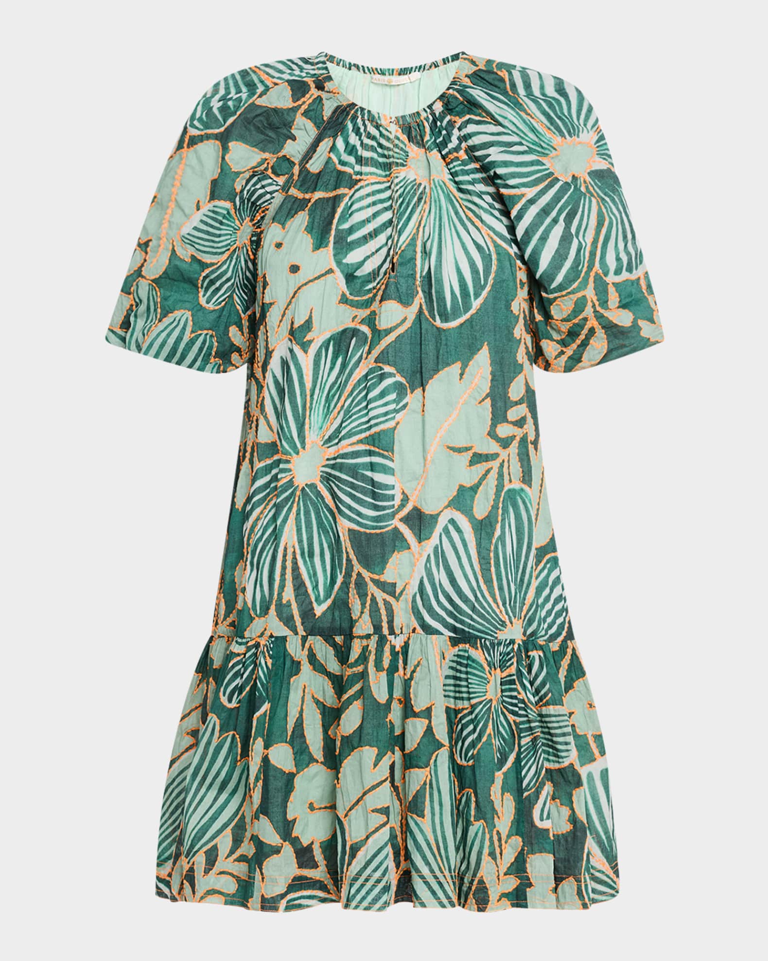 Greta Embroidered Botanical-Print Mini Dress 0