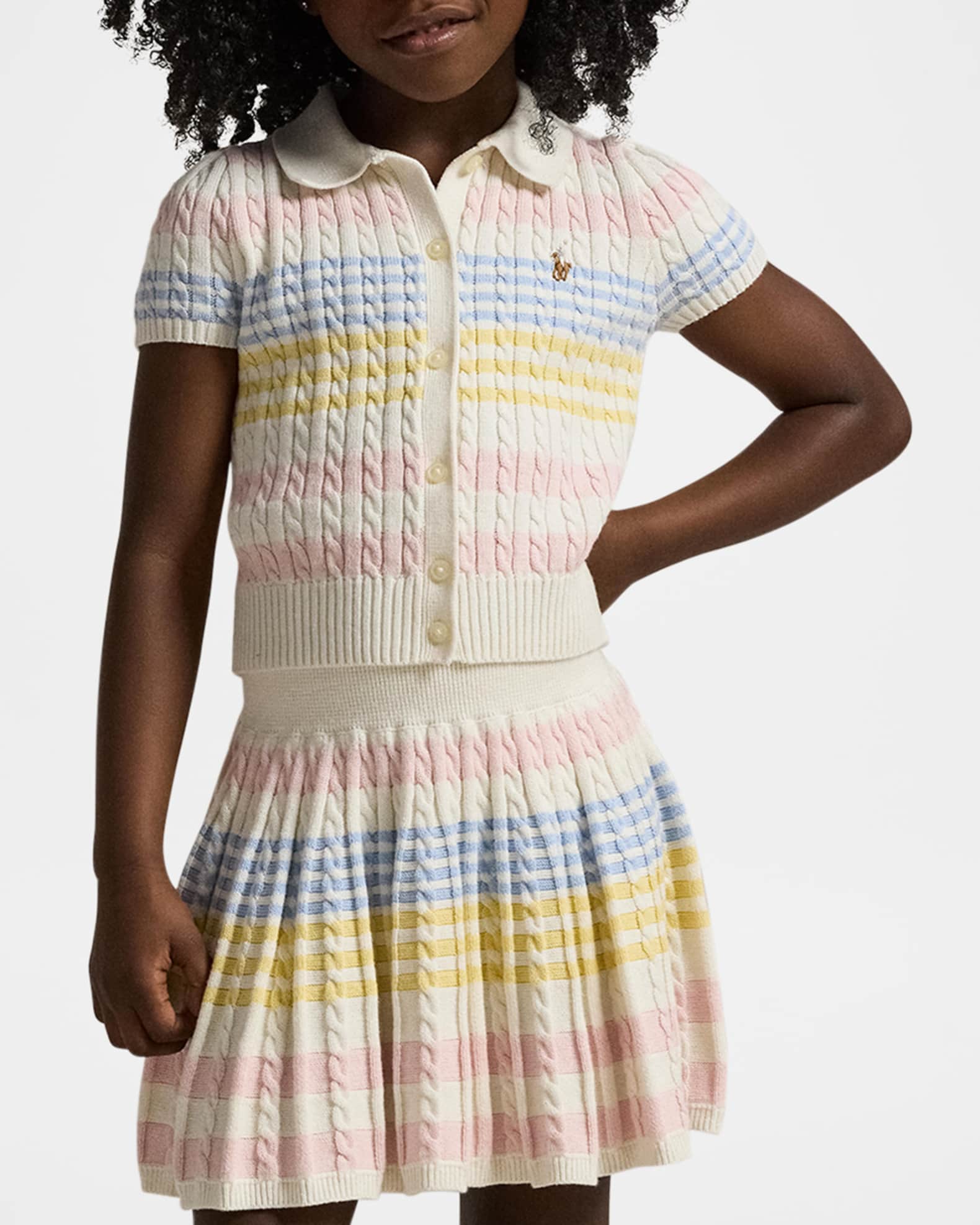 Girl's Stripe Cable-Knit Polo Set | Neiman Marcus