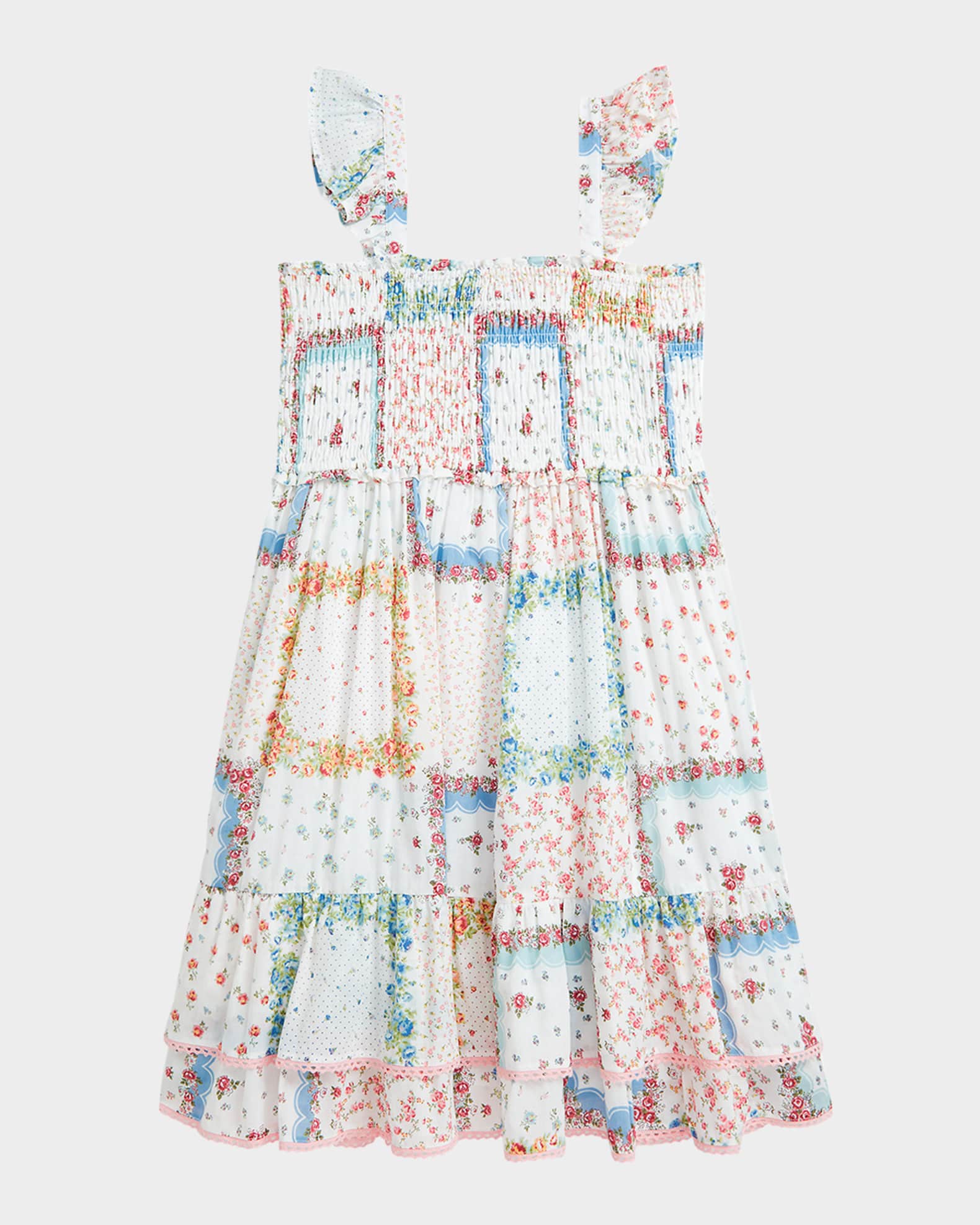  Girl's Patchwork-Print Smocked Dress, Size 7-14 1
