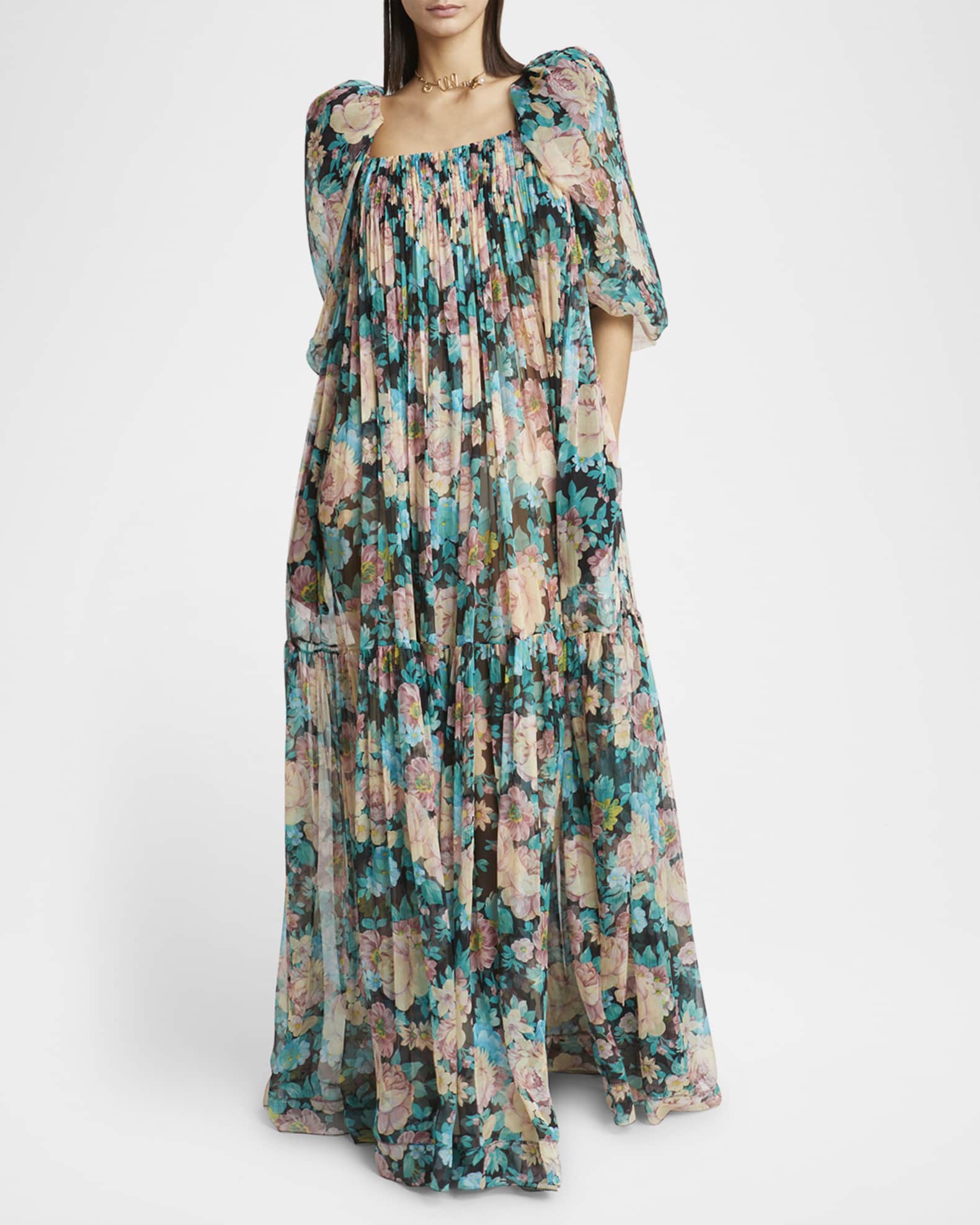 Long Floral Puff-Sleeve Silk Dress 1