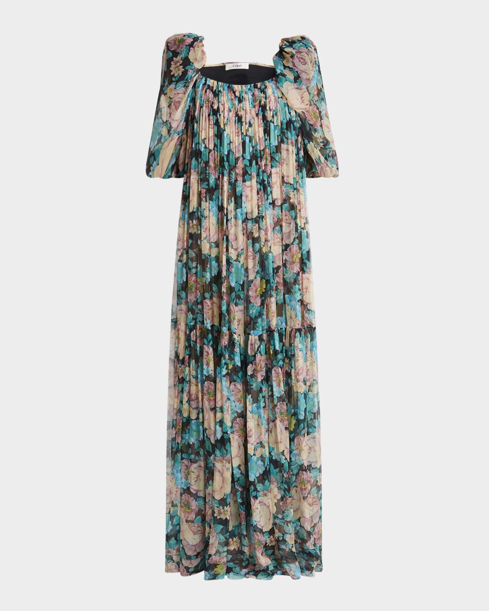 Long Floral Puff-Sleeve Silk Dress 0