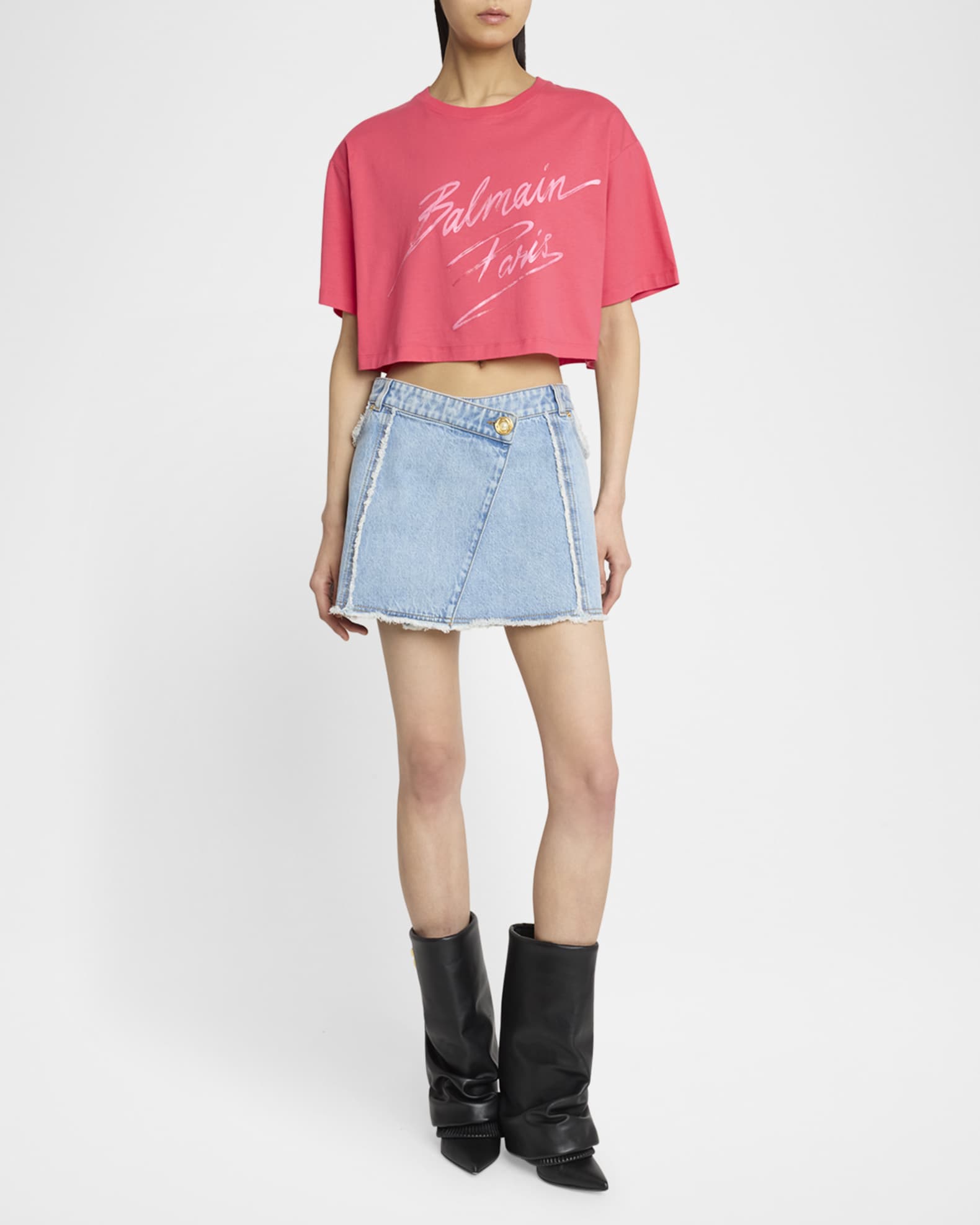 Asymmetric Raw-Edge Denim Mini Skirt 1