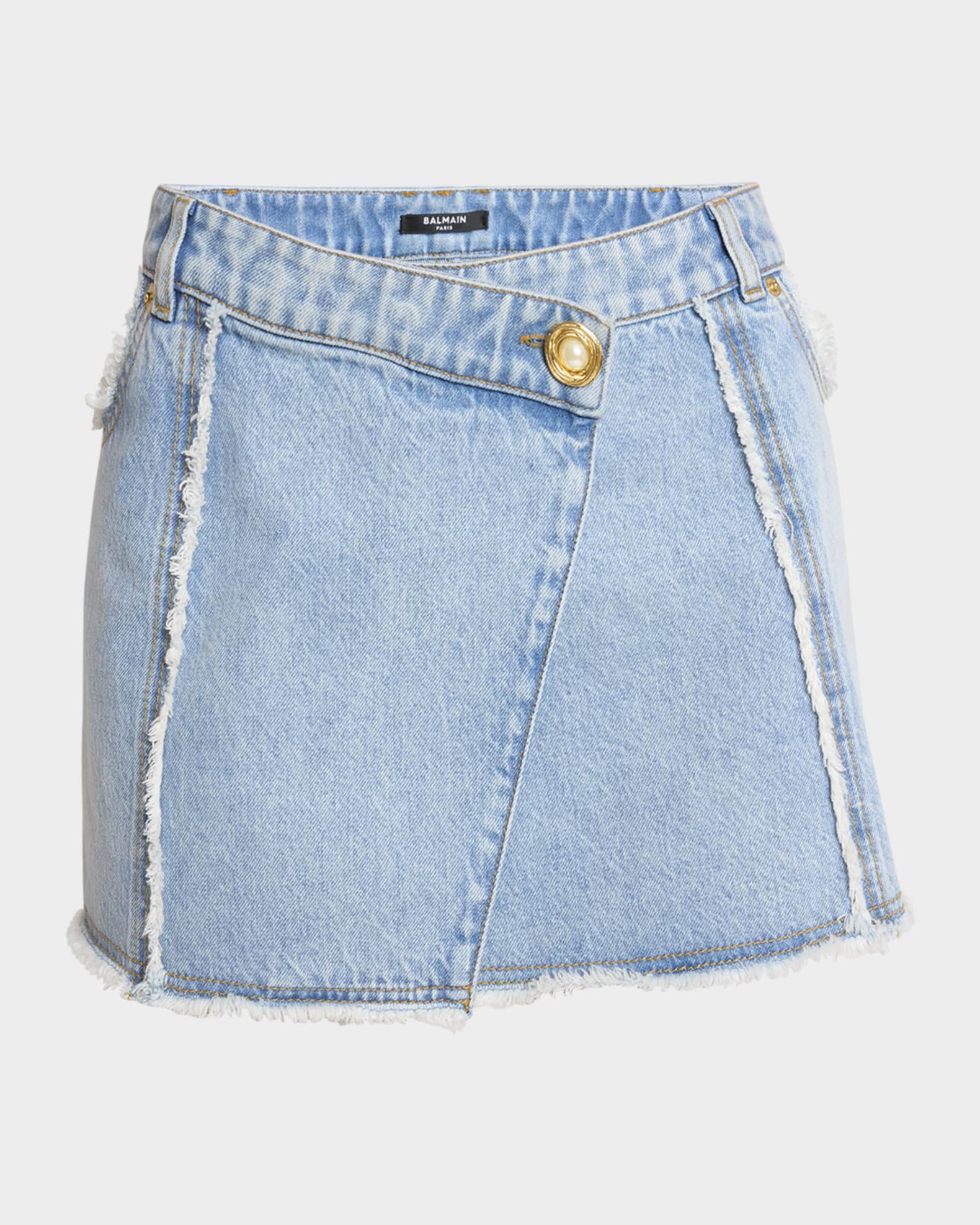 Asymmetric Raw-Edge Denim Mini Skirt 0