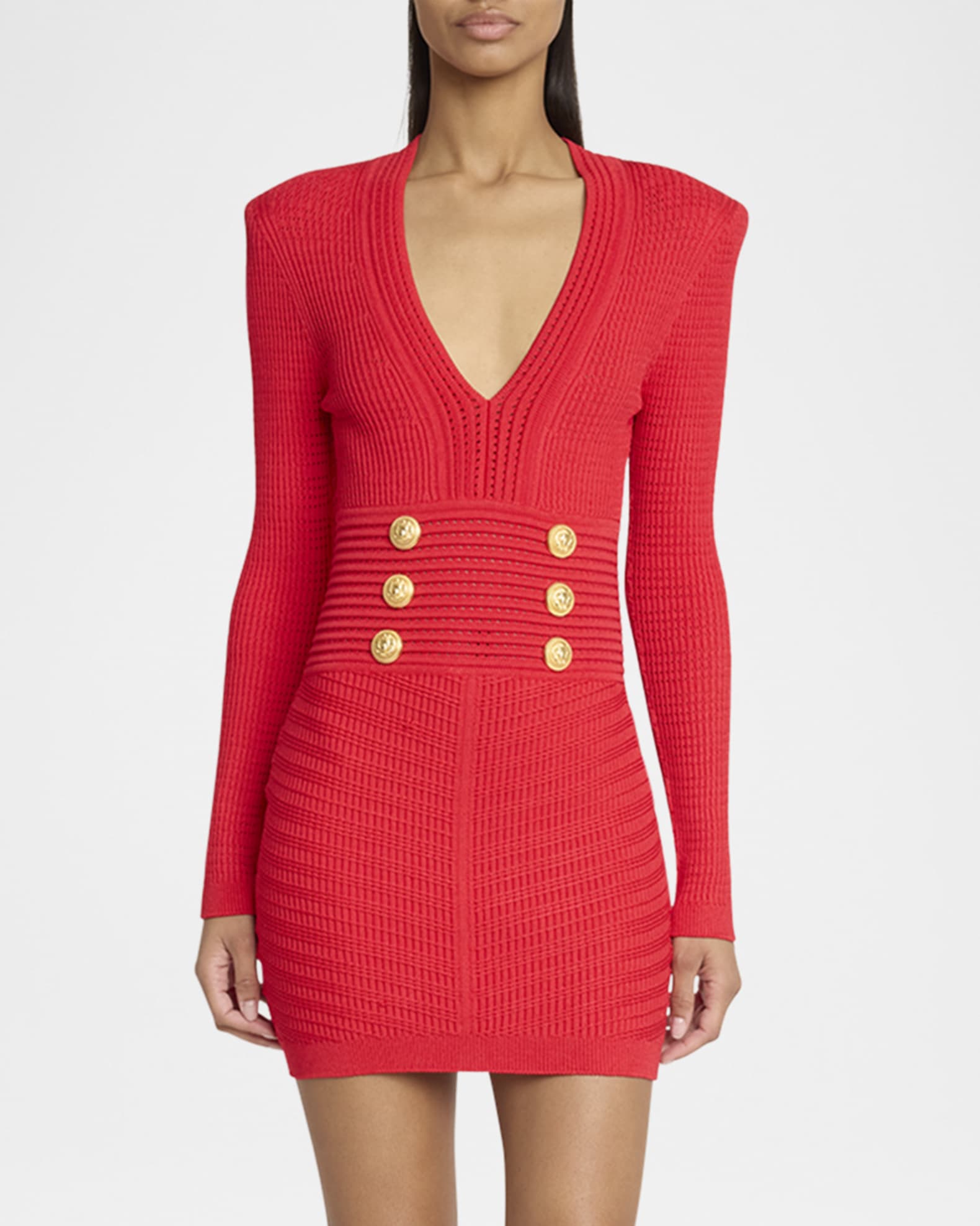 Balmain Buttoned Long-Sleeve Pointelle Knit Mini Dress