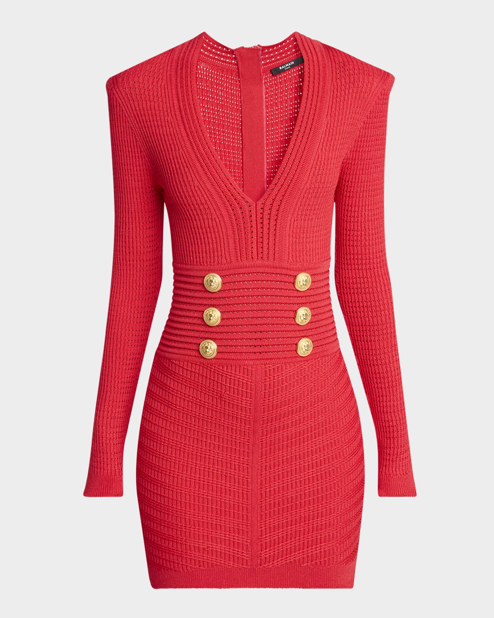 Buttoned Long-Sleeve Pointelle Knit Mini Dress 0