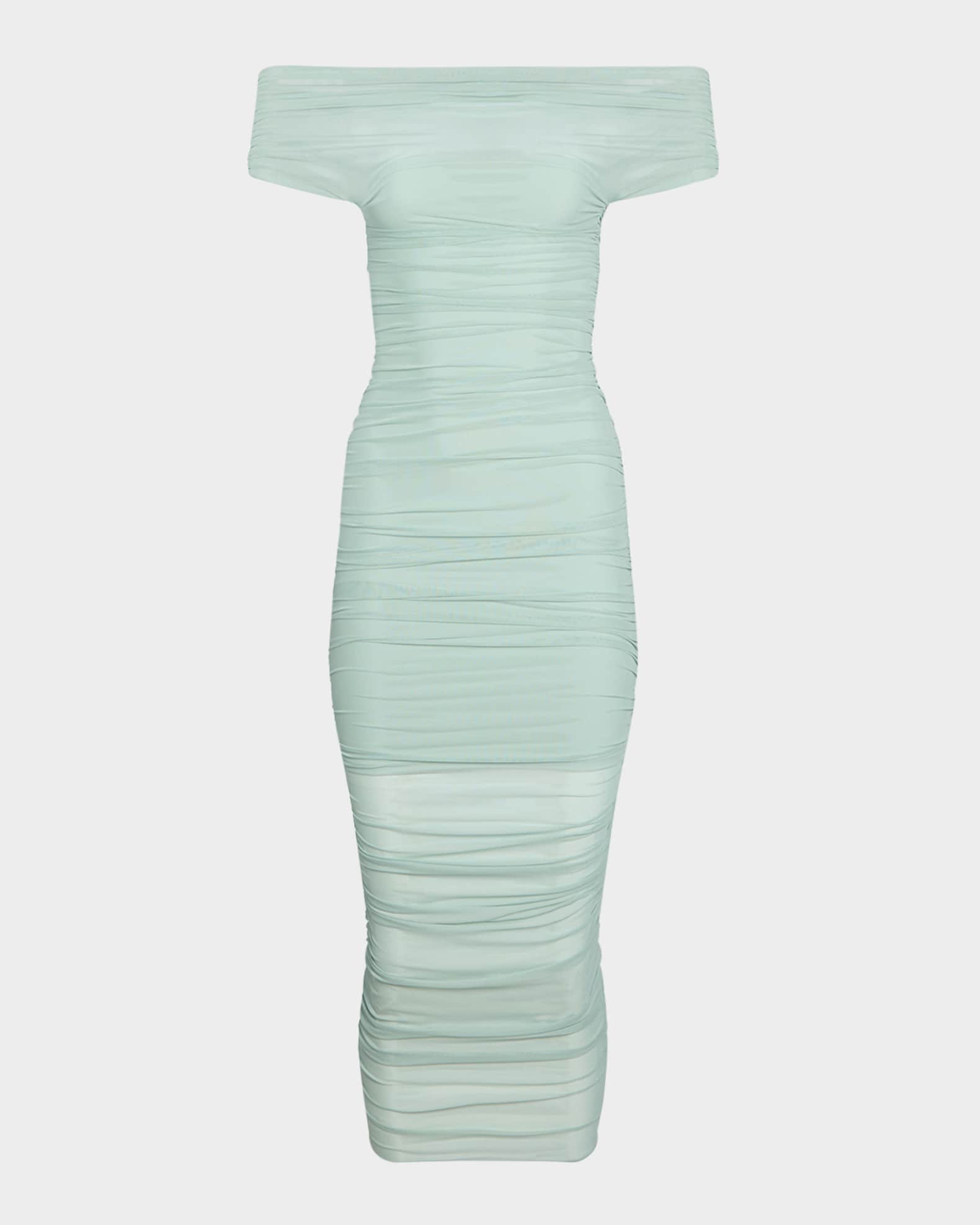 Noel Off-Shoulder Ruched Mesh Midi Dress 0