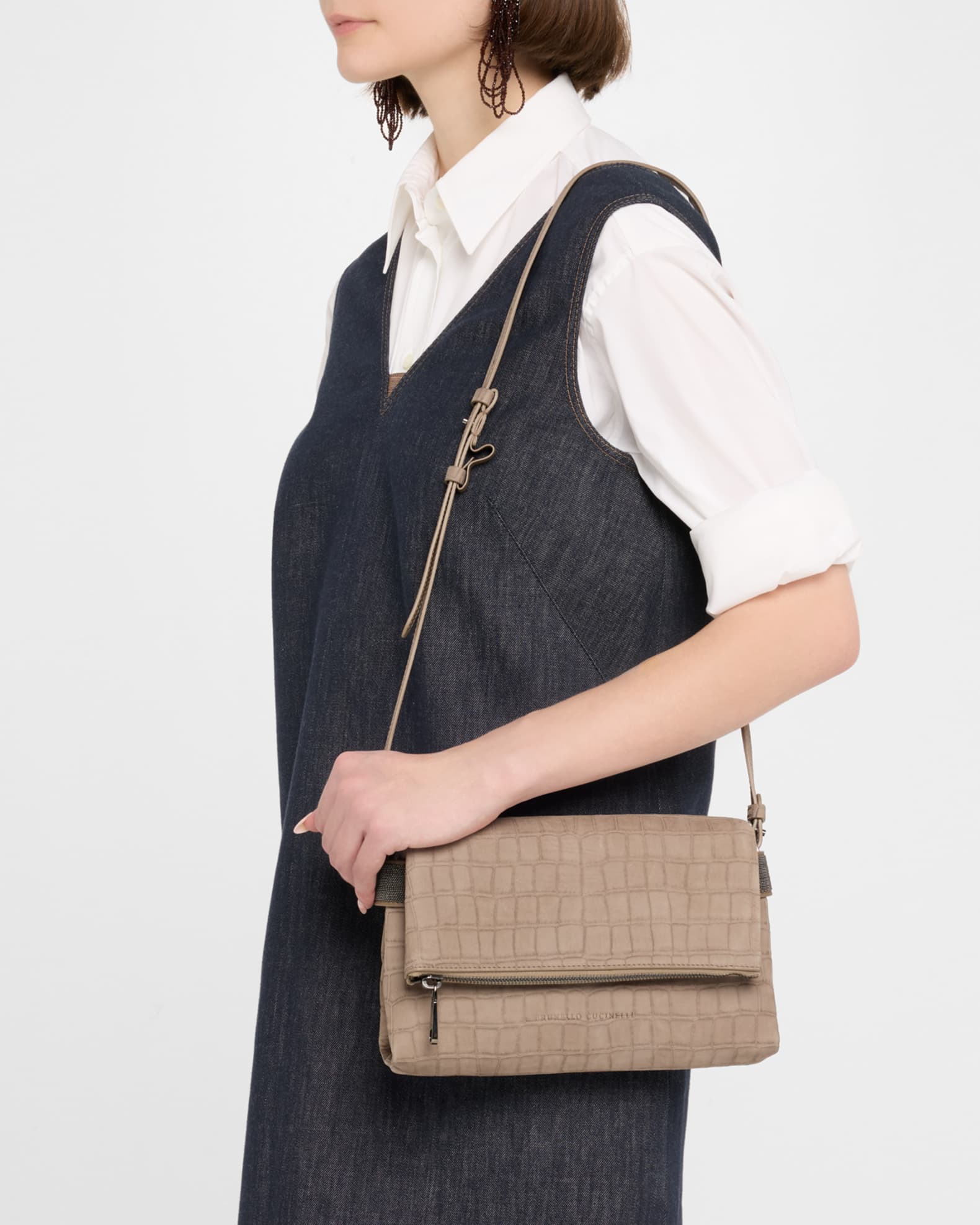 Brunello Cucinelli Essense Croc-Embossed Suede Shoulder Bag