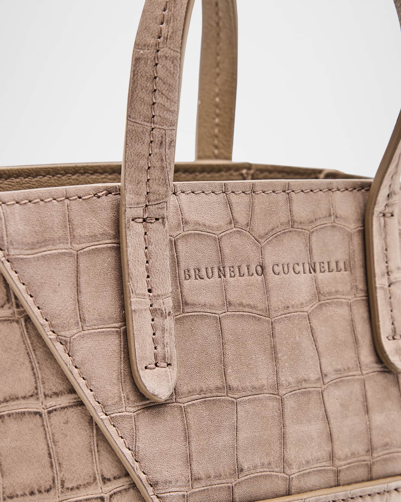 Brunello Cucinelli Duo Mini Croc-Embossed Suede Shopper Tote