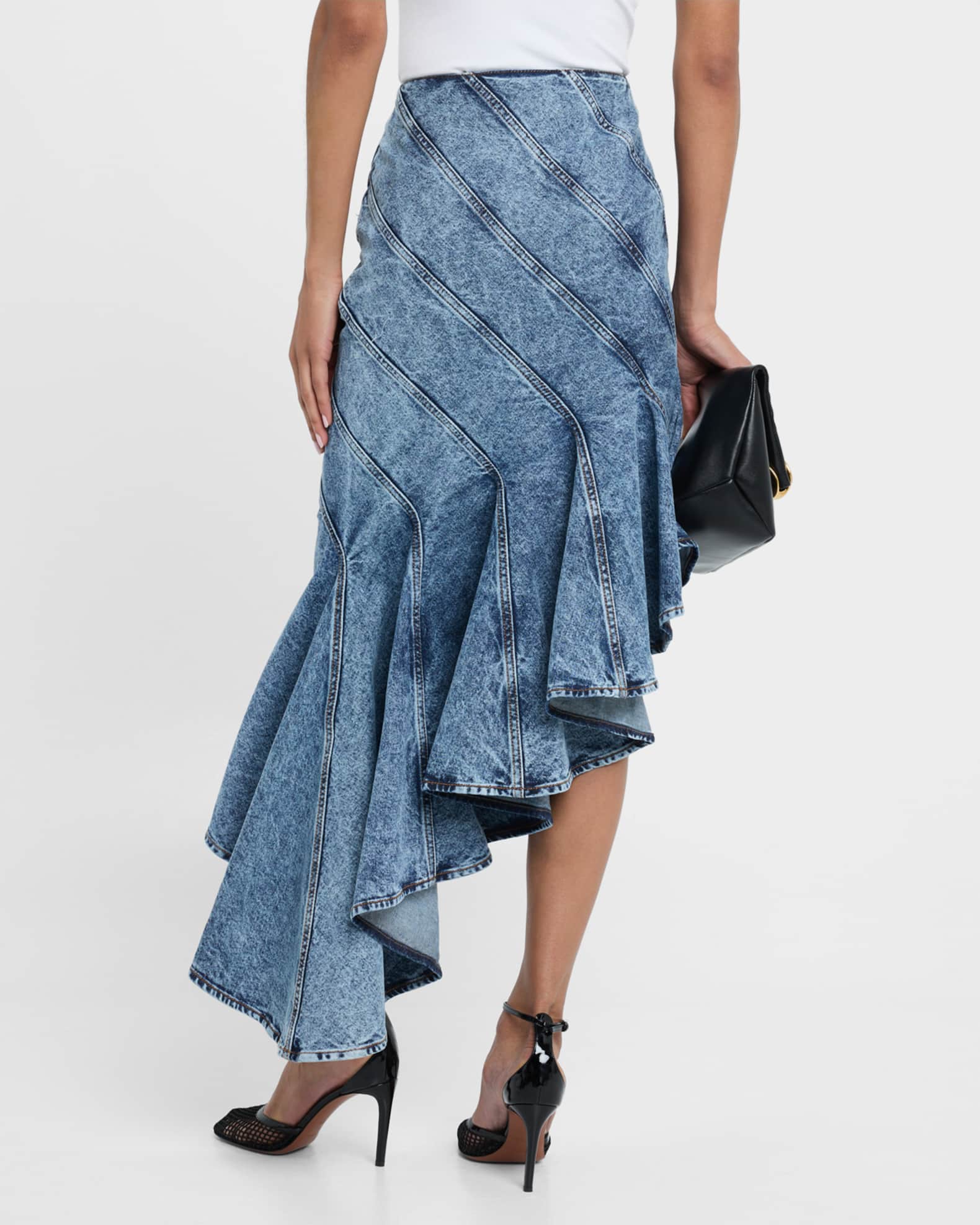 スカート Alaia Spiral Skirt In Denim ALAIA Spiral Ruffle High-Low Skirt | Neiman Marcus