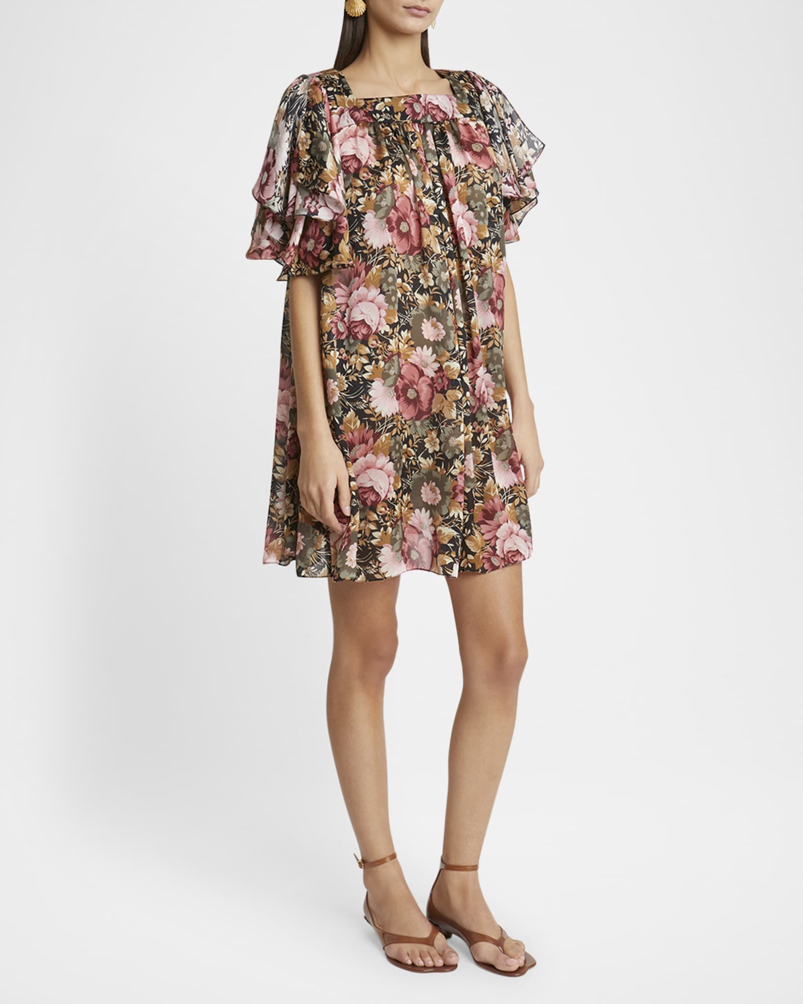 Rose Print Pleated Mini Silk Dress 1