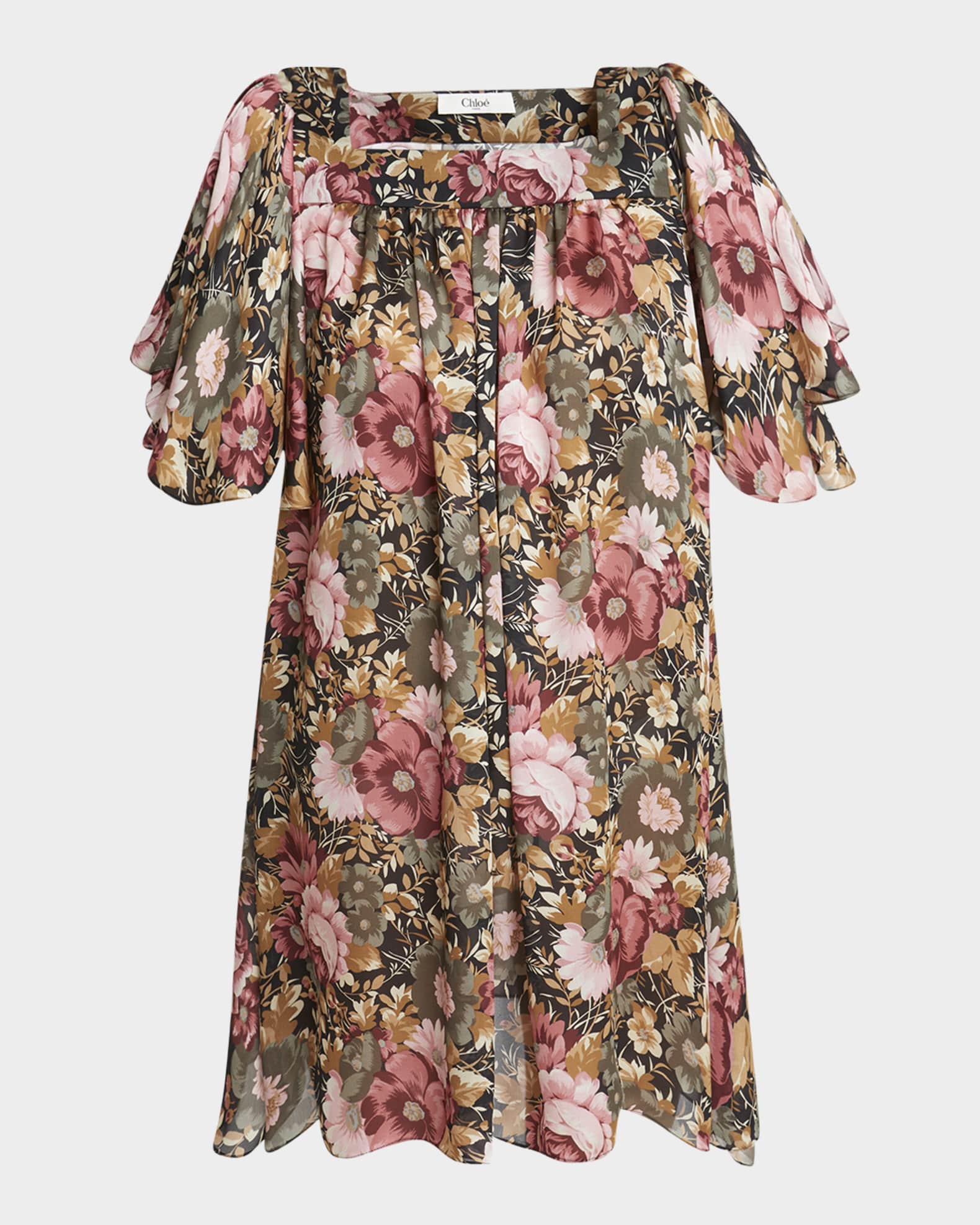 Rose Print Pleated Mini Silk Dress 0