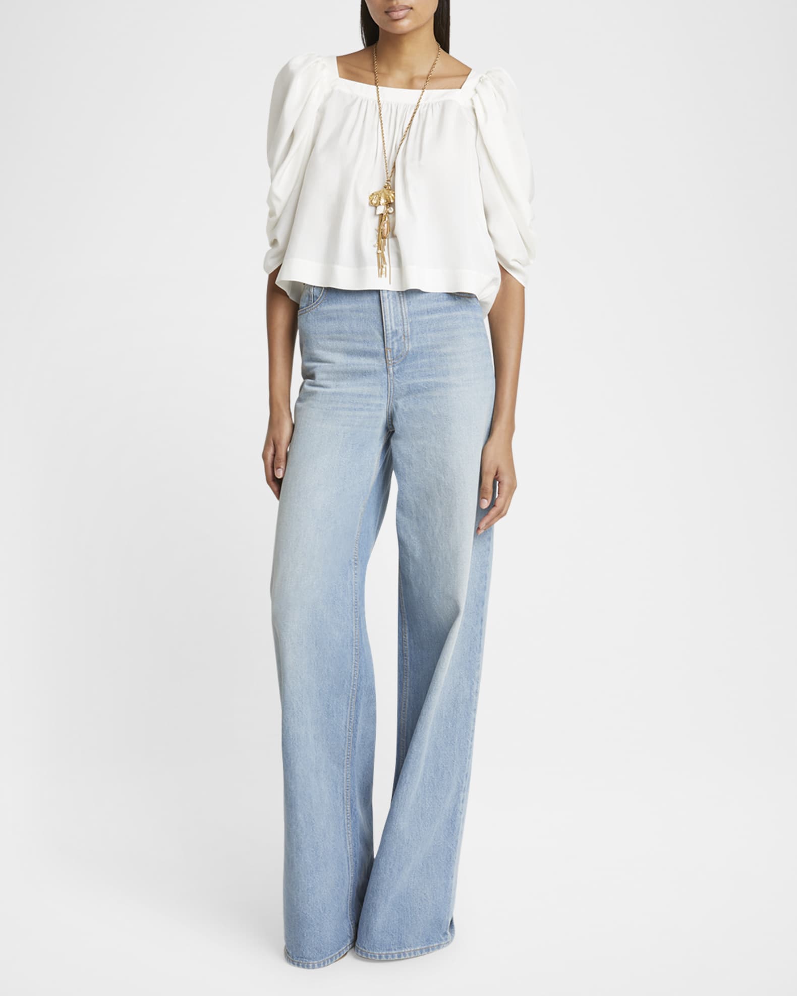 Puff-Sleeve Pleated Silk Top 1