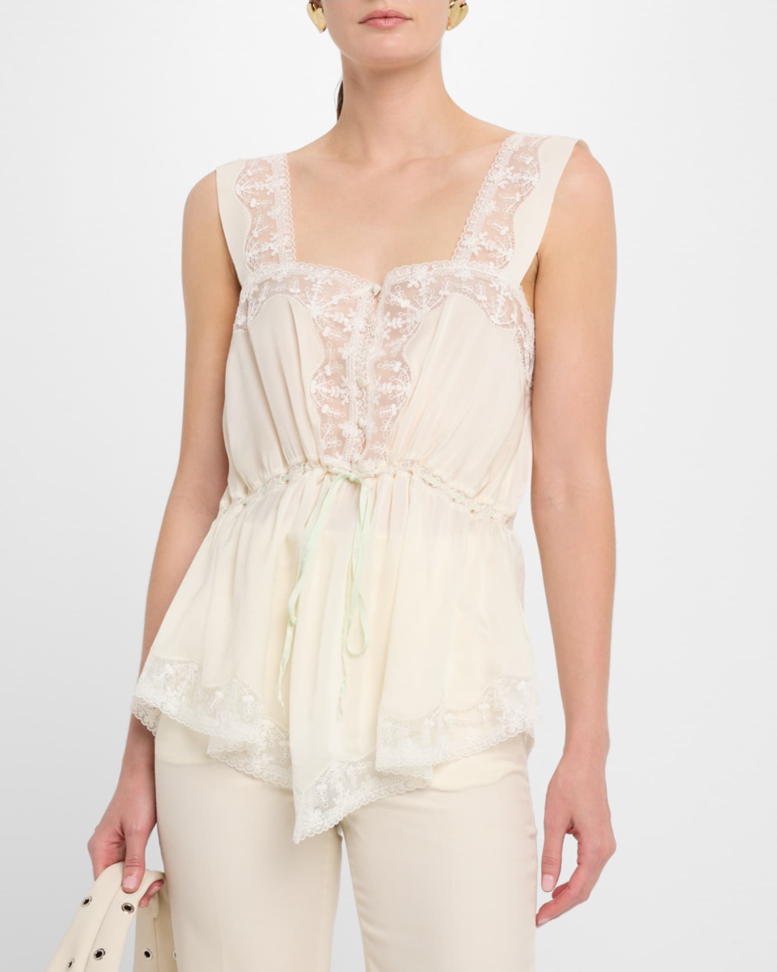 Chloe Lace-Trim Silk Sleeveless Top | Neiman Marcus