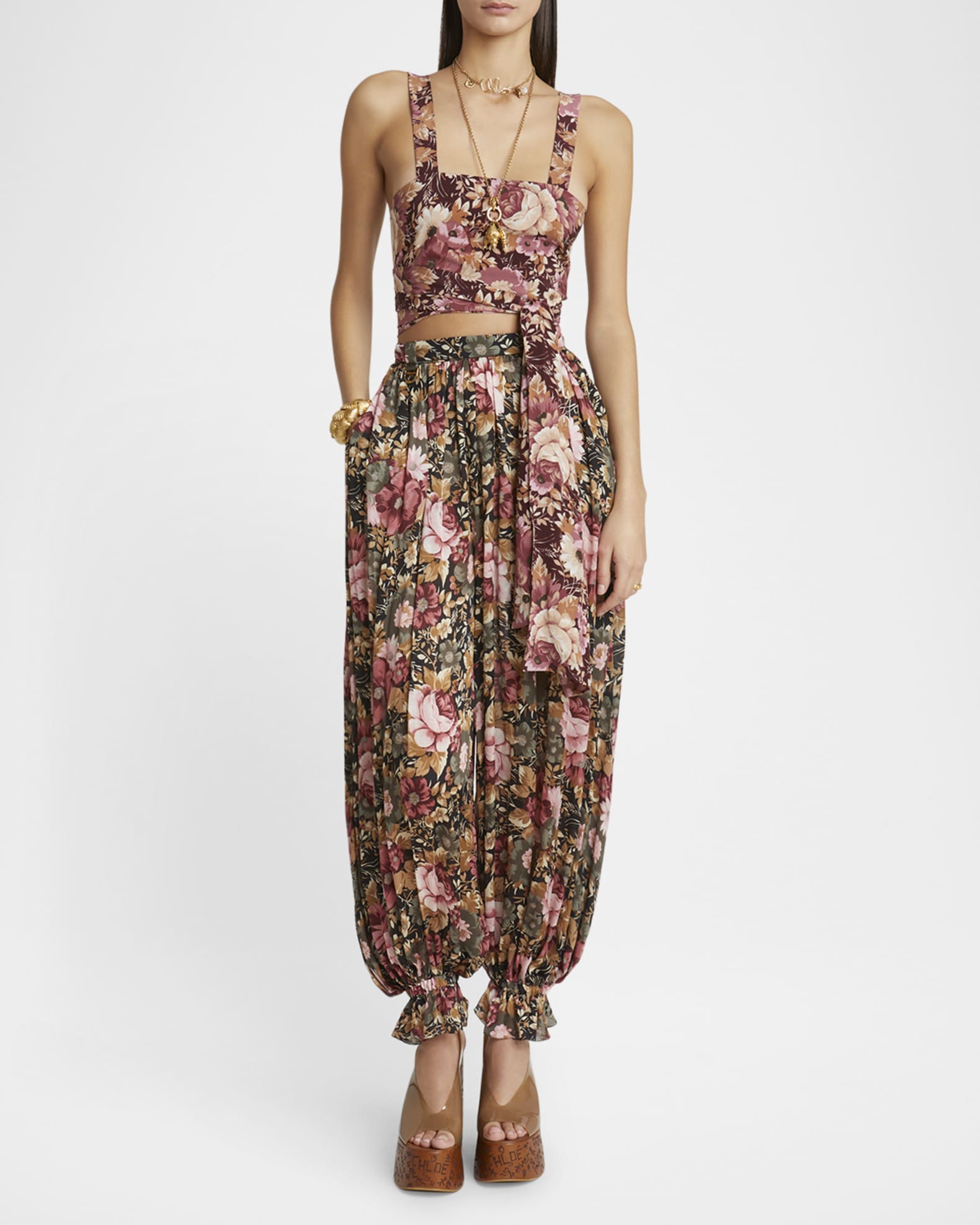 Floral Pleated Silk Pants 1