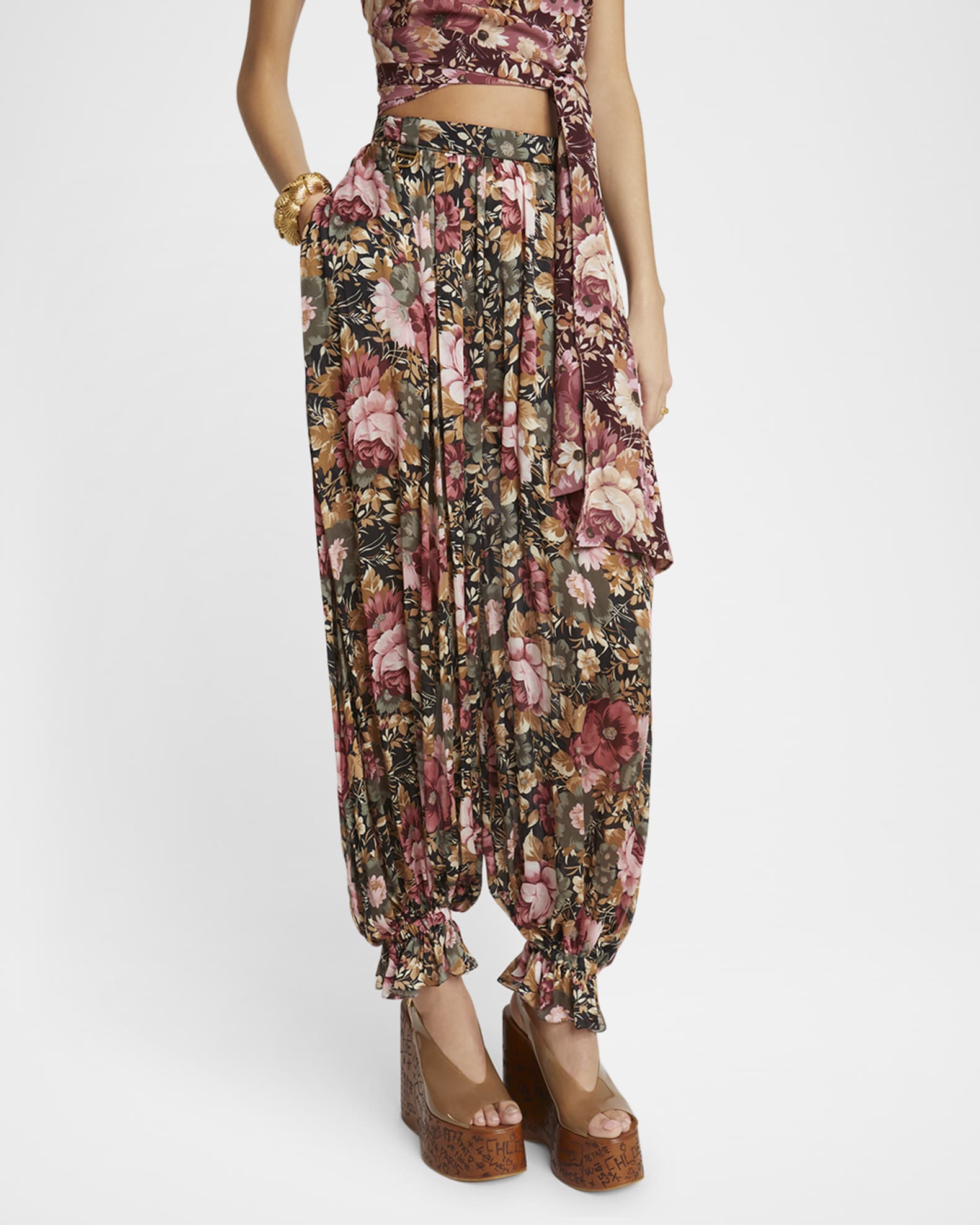 Chloe Floral Pleated Silk Pants | Neiman Marcus display picture 1