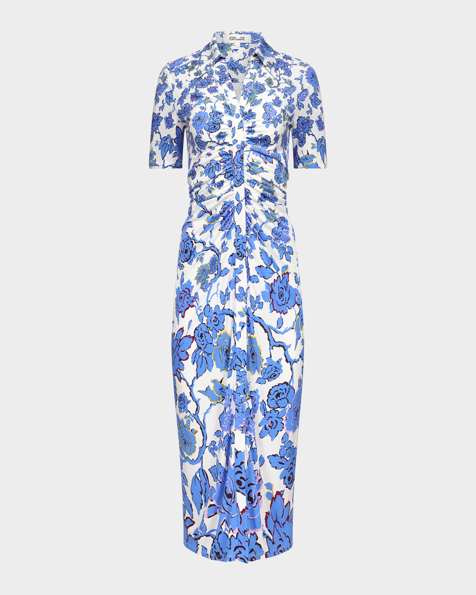 Zoey Ruched Floral-Print Midi Dress 0
