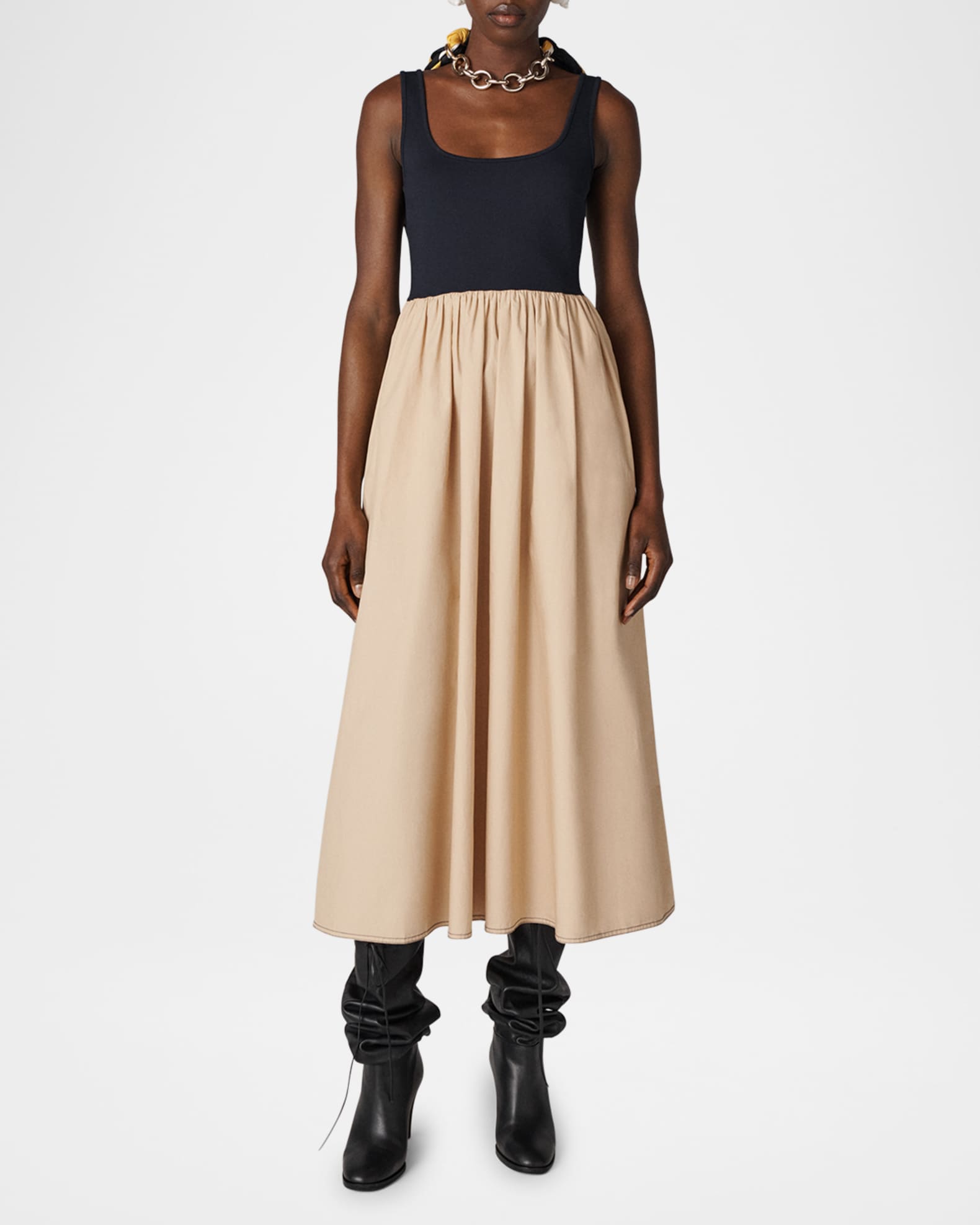 Selena Sleeveless Ruched Colorblock Midi Dress 1