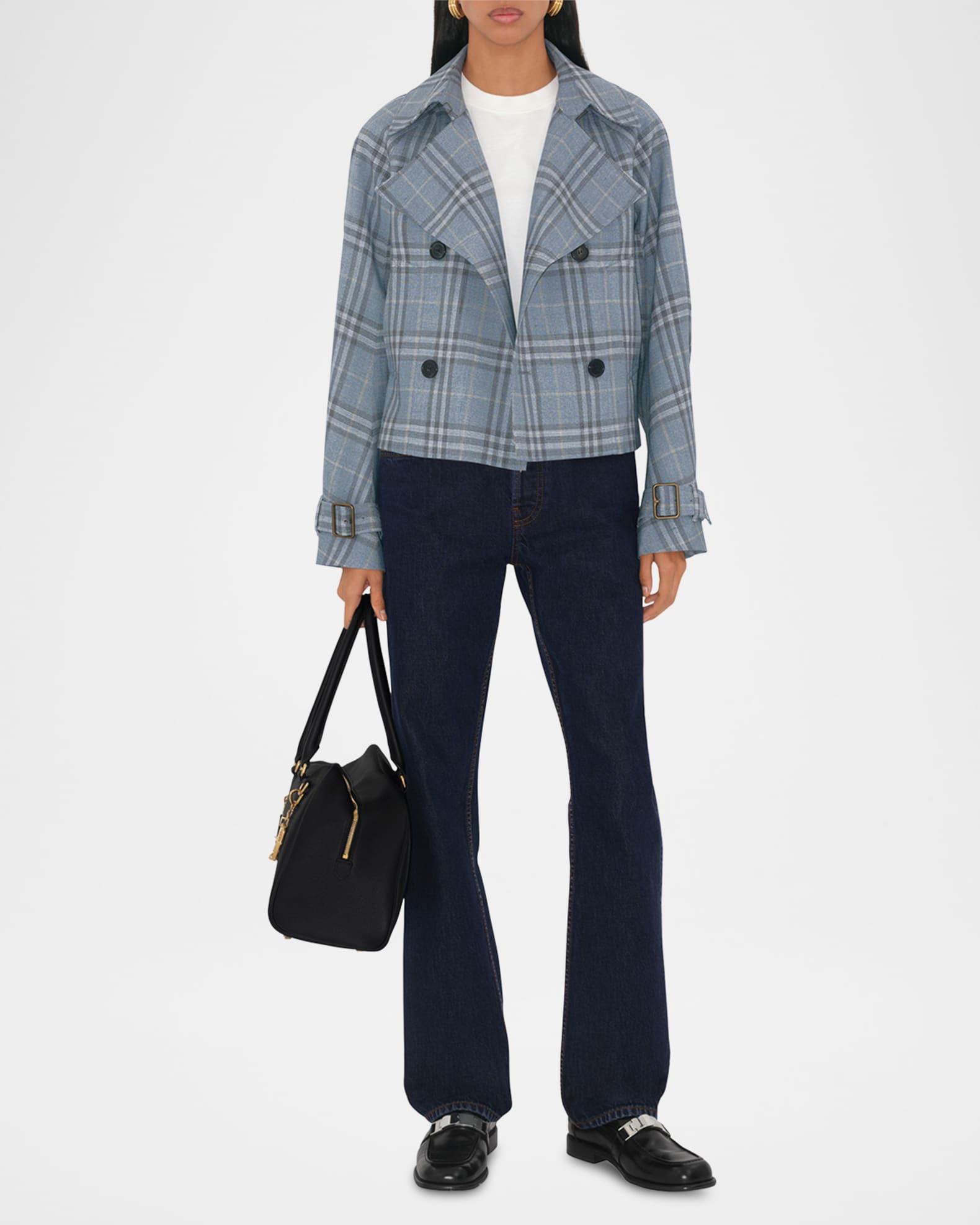 Check Double-Breasted Short Trench Jacket 1