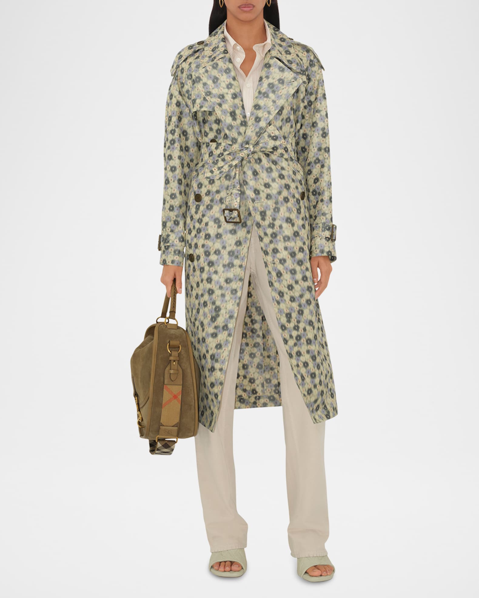 Blur Flower Double-Breasted Long Trench Coat 1