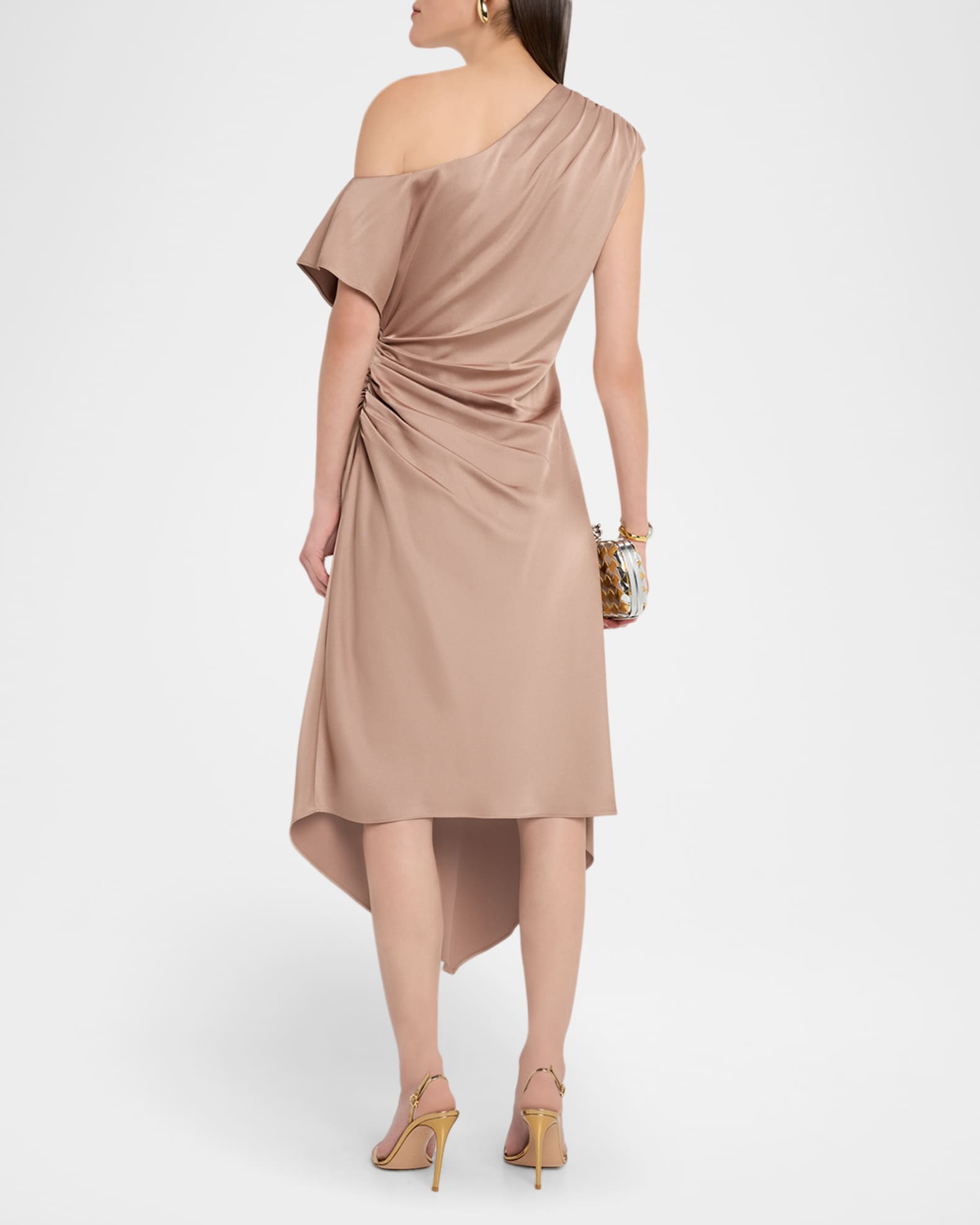Aidan Mattox Draped One-Shoulder Crepe Back Satin Midi Dress