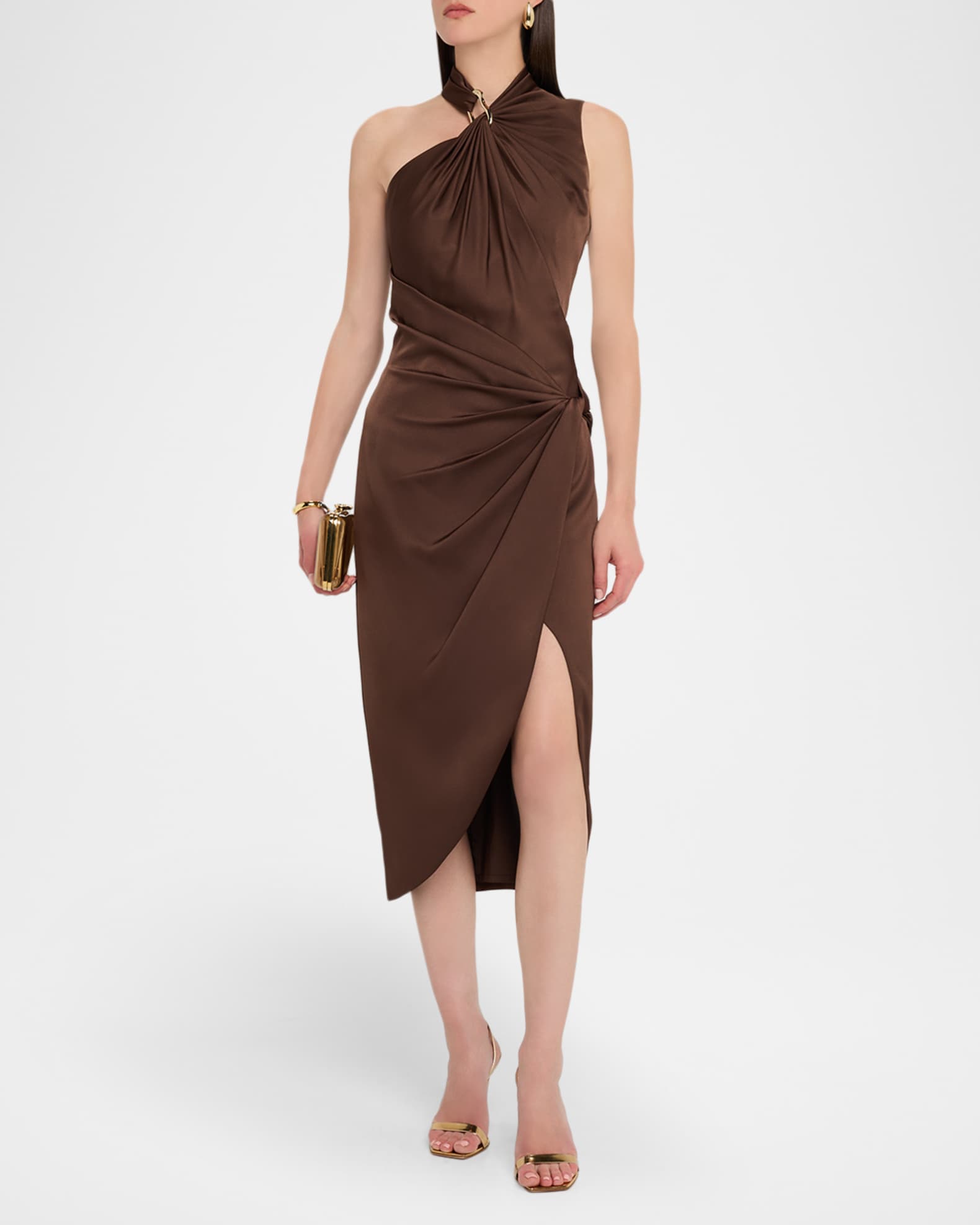 Aidan Mattox Pleated Bodycon Crepe Back Satin Midi Dress | Neiman