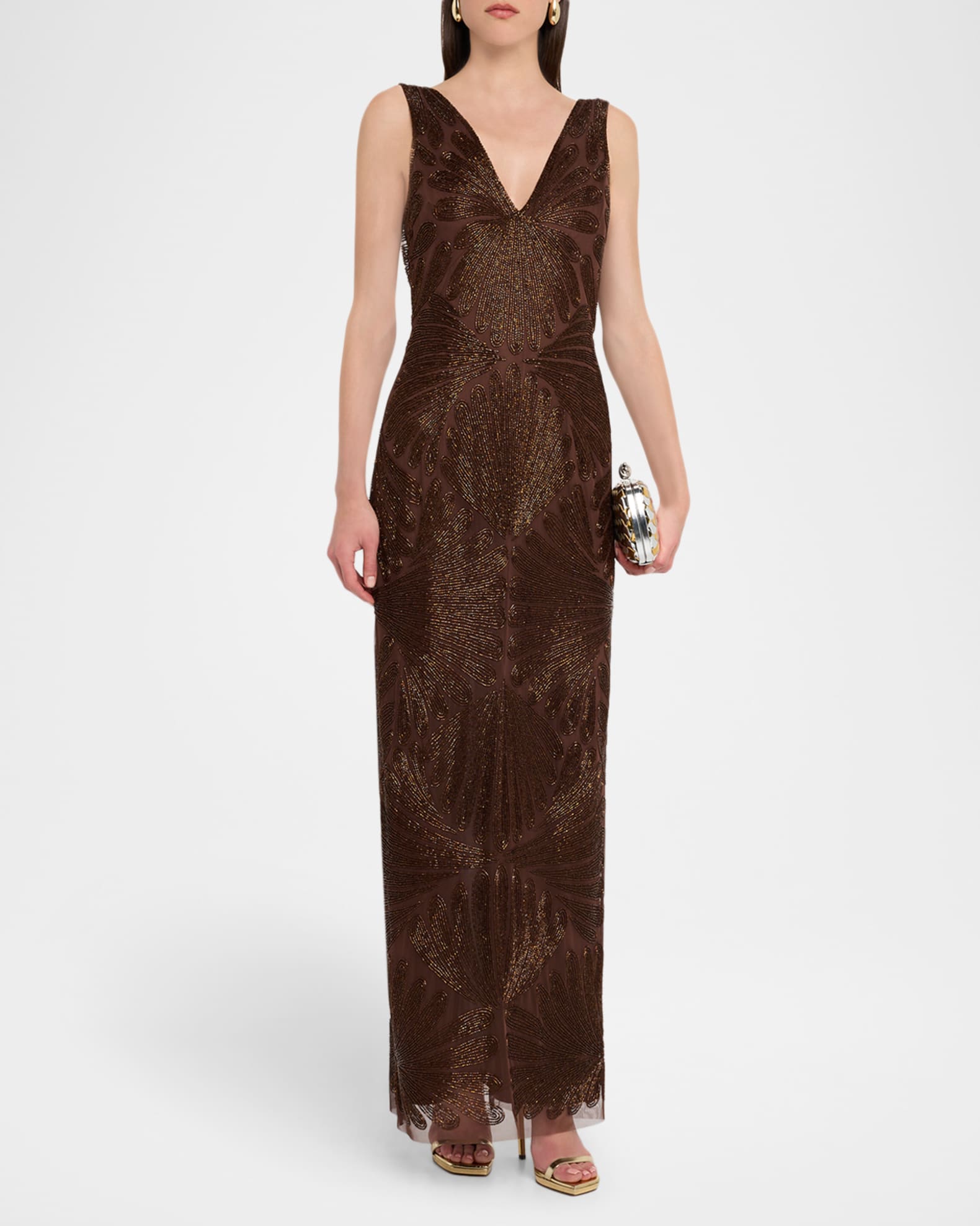 Backless Draped Beaded Column Gown