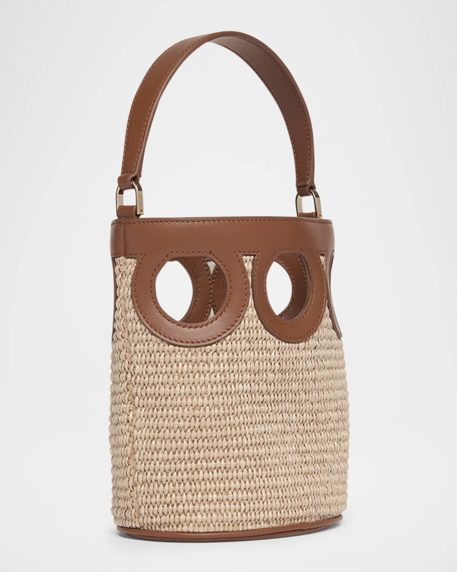 Ferragamo Gancini Frame Raffia Bucket Bag | Neiman Marcus